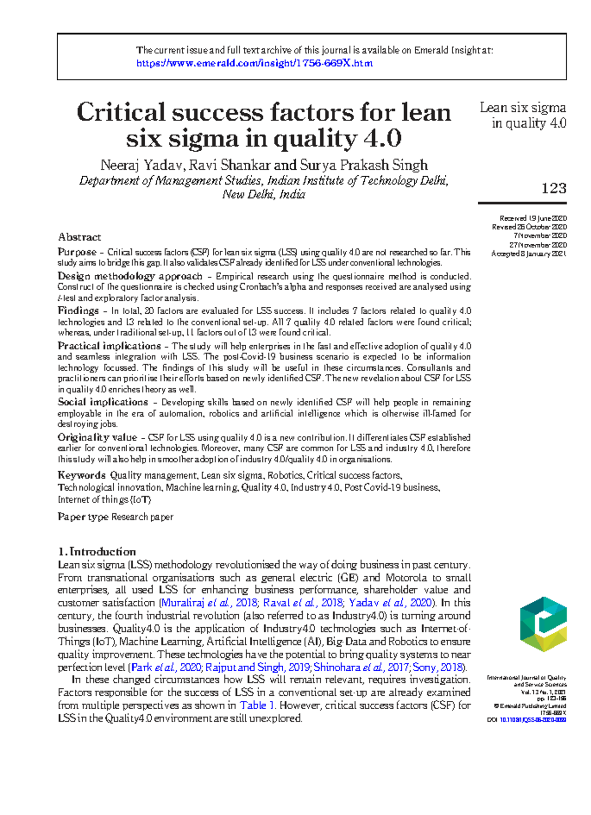 Critical Success Factors for Lean Six Sigma in Quality 4.0 (IJQSS 10 ...