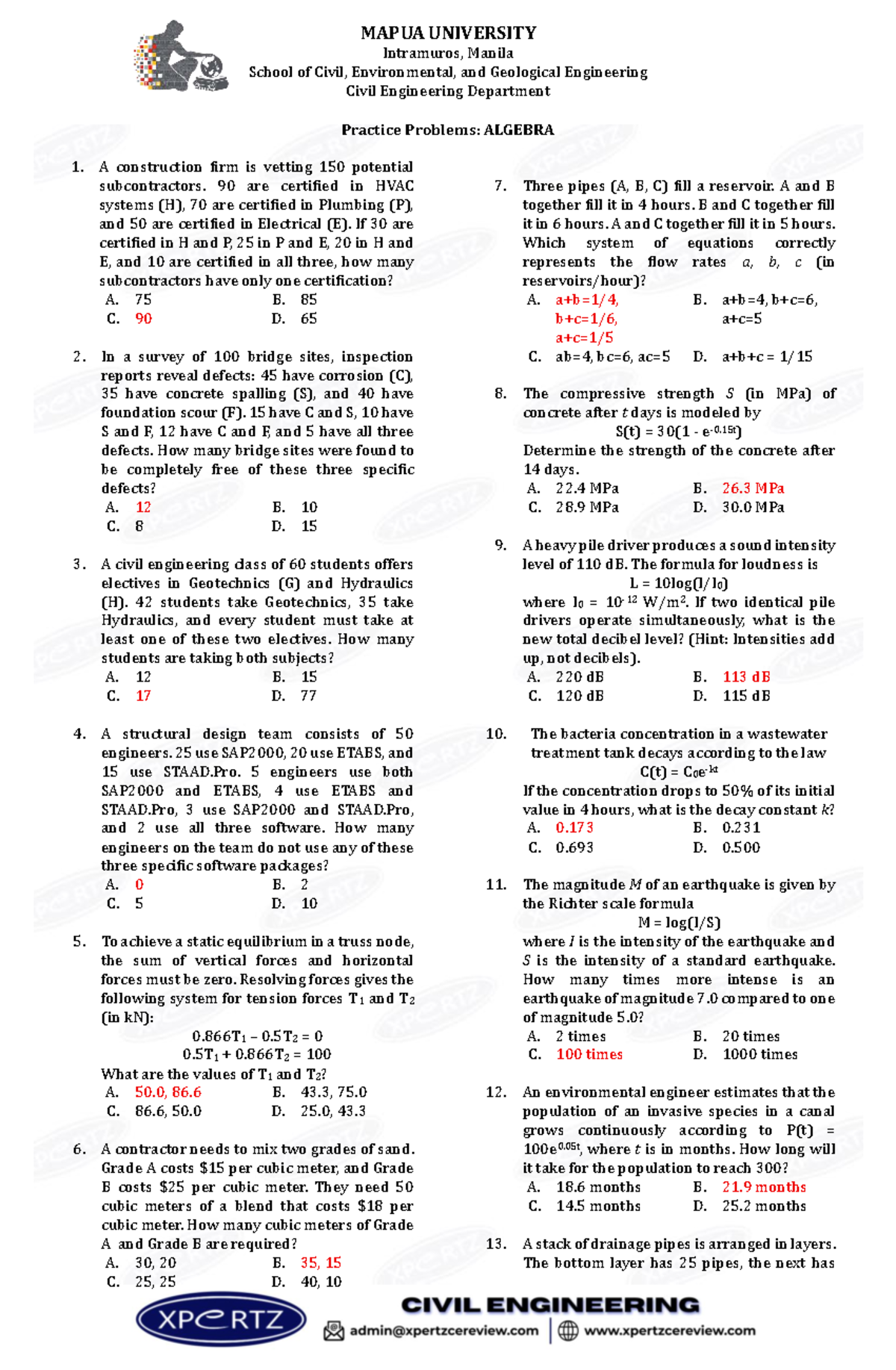 Practice Problems: Algebra (CE 101) - Answer Key - Studocu