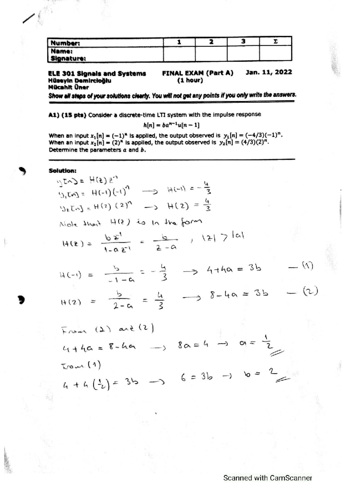 ELE 301 Signals and Systems FINAL EXAM (Part A) Solutions 2022 - Studocu