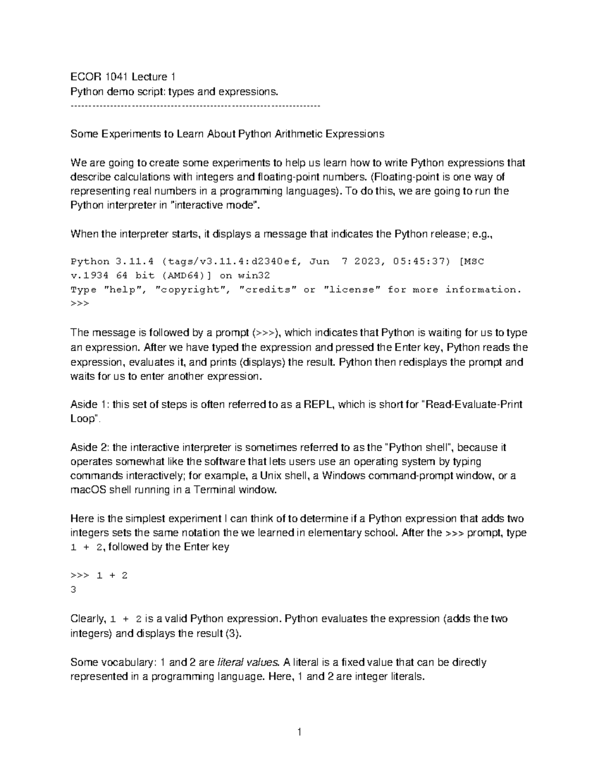 ECOR1041 L01 Lecture 1: Python Types and Expressions Demo Script - Studocu