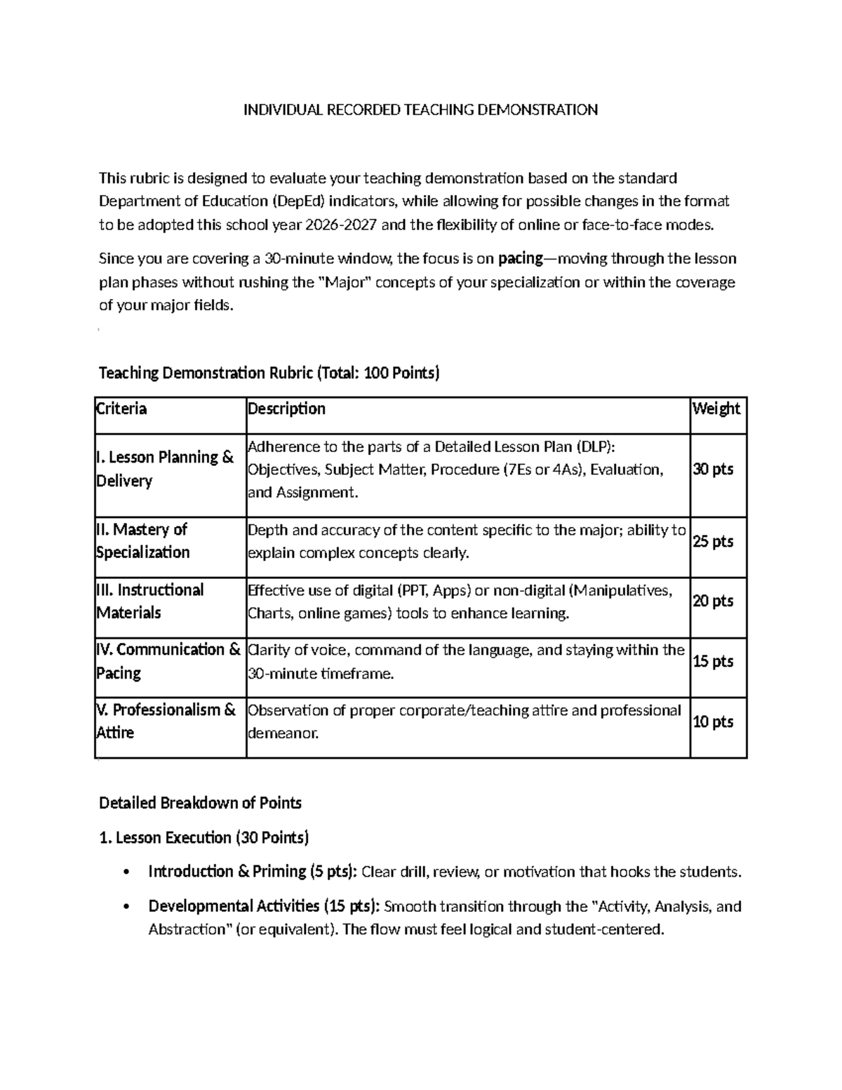 EDUC 101: Individual Recorded Teaching Demonstration Rubric - Studocu