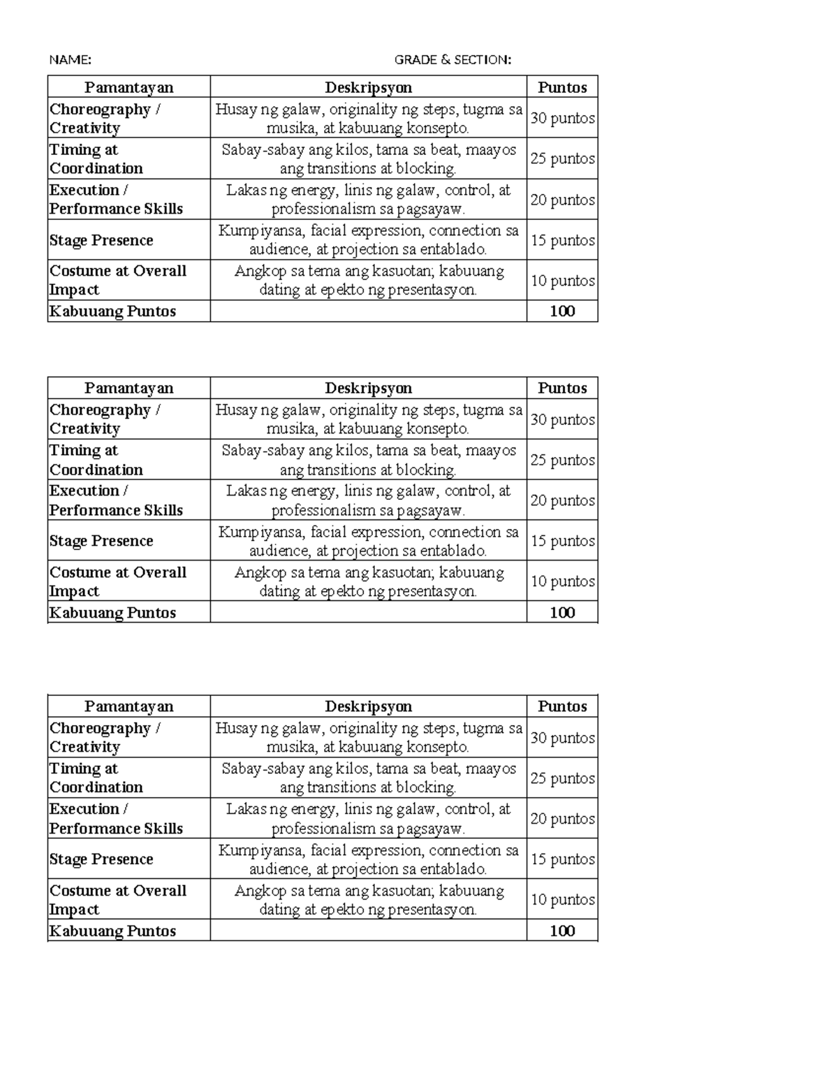 Pamantayan sa Choreography Rubrics for Performance Evaluation - Studocu