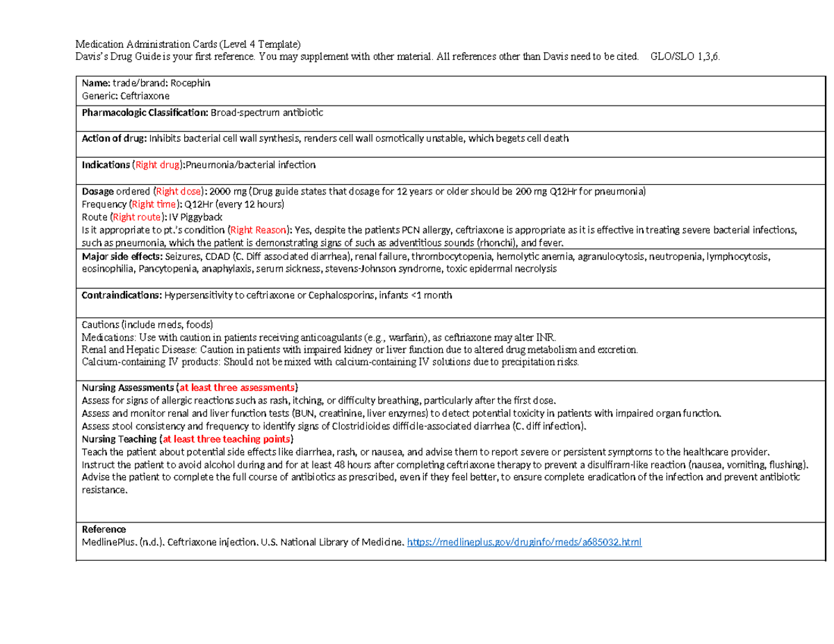 Ceftriaxone Med Card - quick reference card - Medication Administration ...