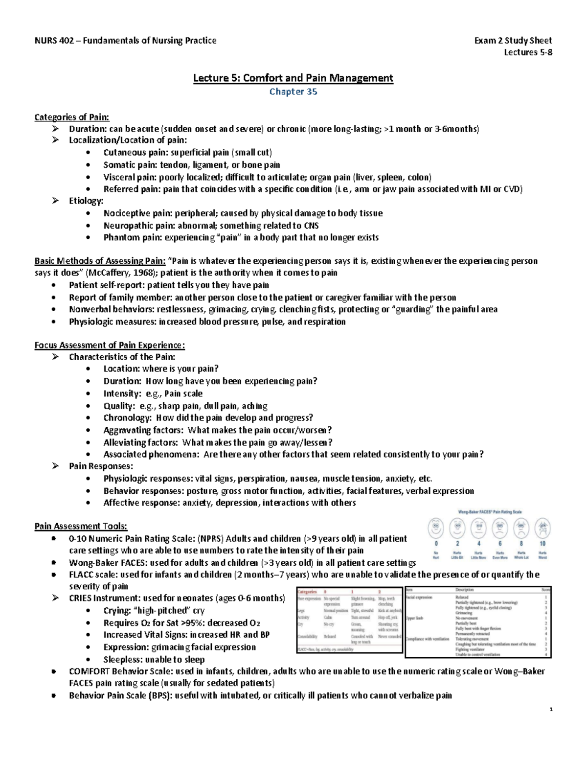 NURS 402 Exam 2 Study Sheet Lec 5-8 - NURS 402 – Fundamentals of ...