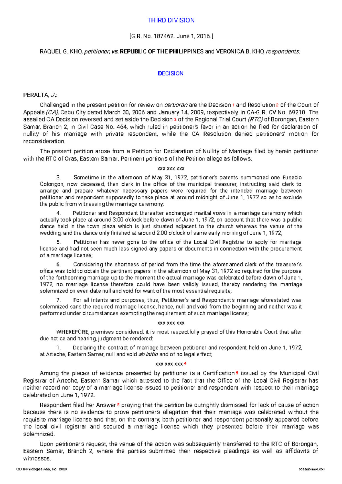 Case Study: Kho v. Republic - Nullity of Marriage (CV No. 69218) - Studocu