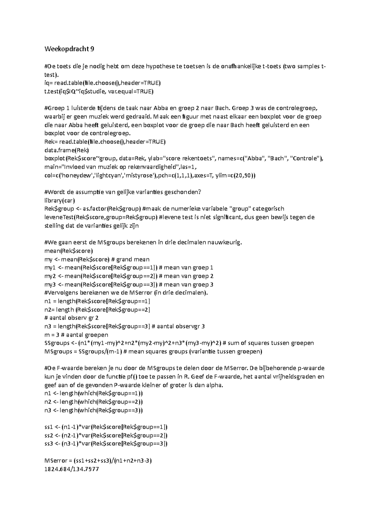 RStudio Code en Samenvatting voor Weekopdracht 9 en 11 - Studeersnel