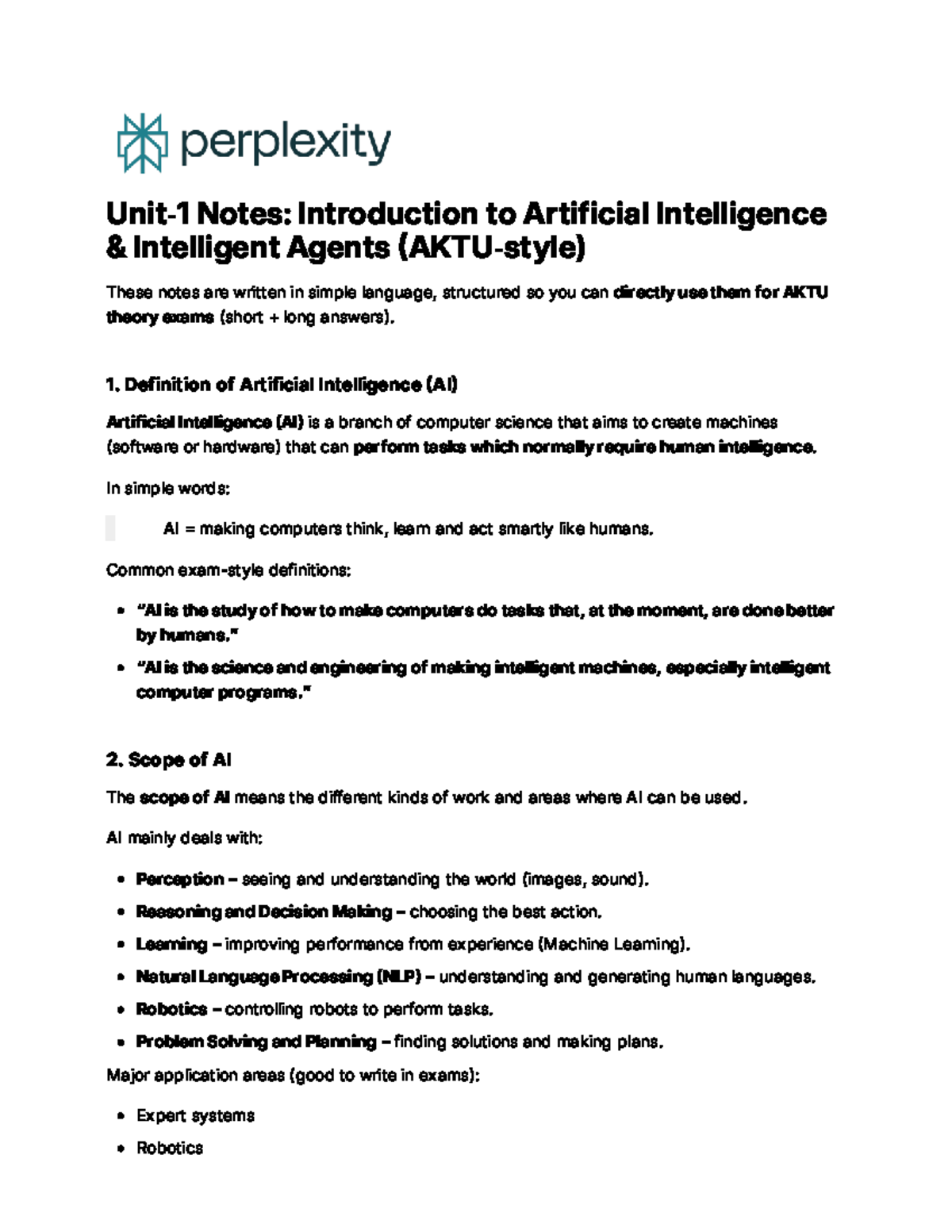 AKTU AI Unit-1 Notes: Intelligent Agents & Applications - Studocu