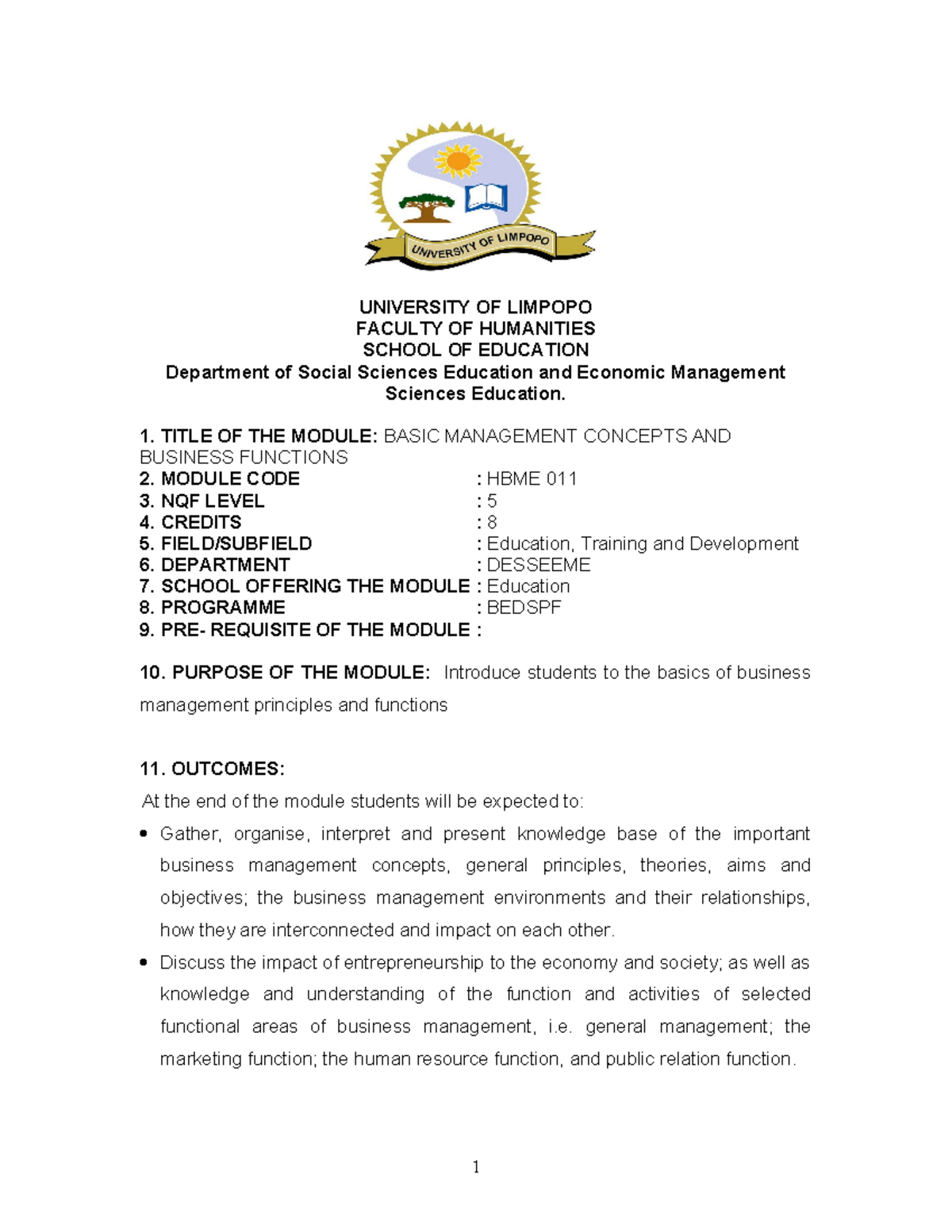 Course Outline for HBME011-2: Basic Management Concepts & Functions ...