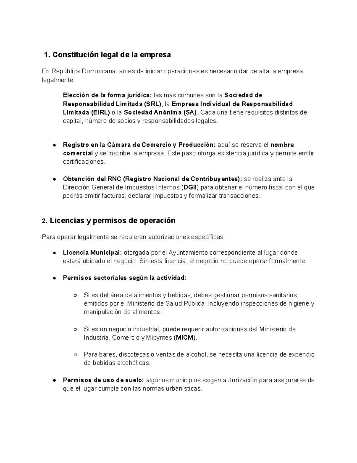 Obligaciones Legales para Empresas en RD: Plan de Negocio - Studocu