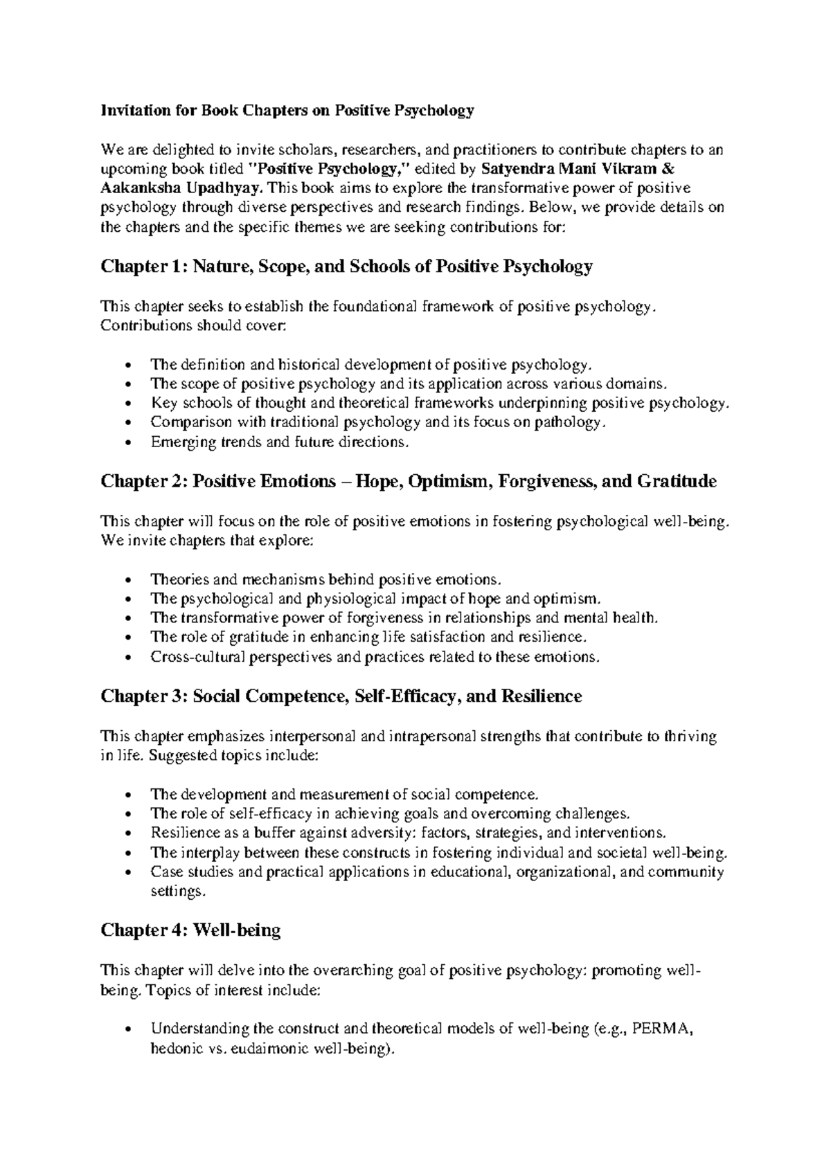Invitation for Chapter Contributions in Positive Psychology - Studocu