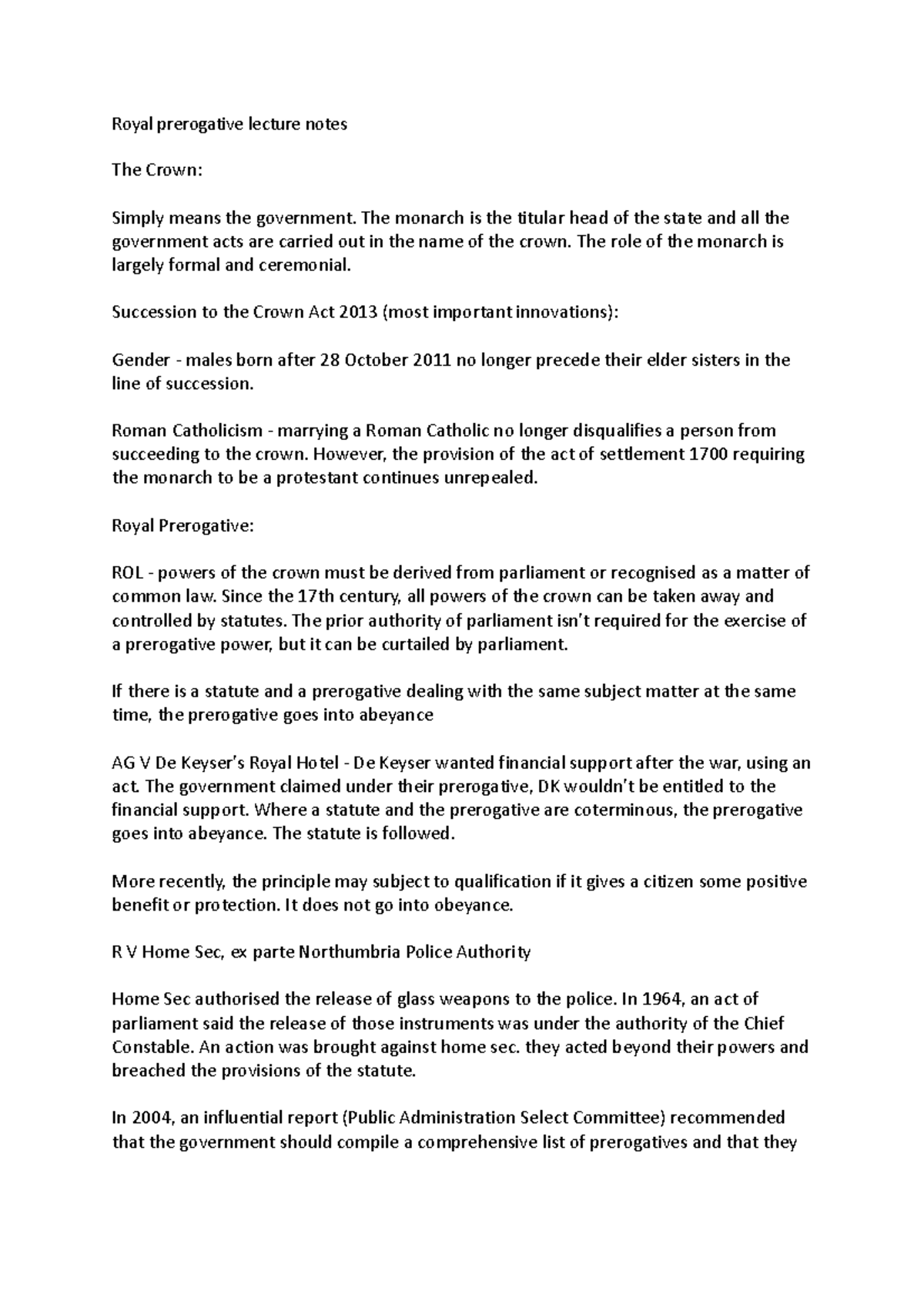 Lecture Notes on Royal Prerogative: Key Concepts & Cases - Studocu