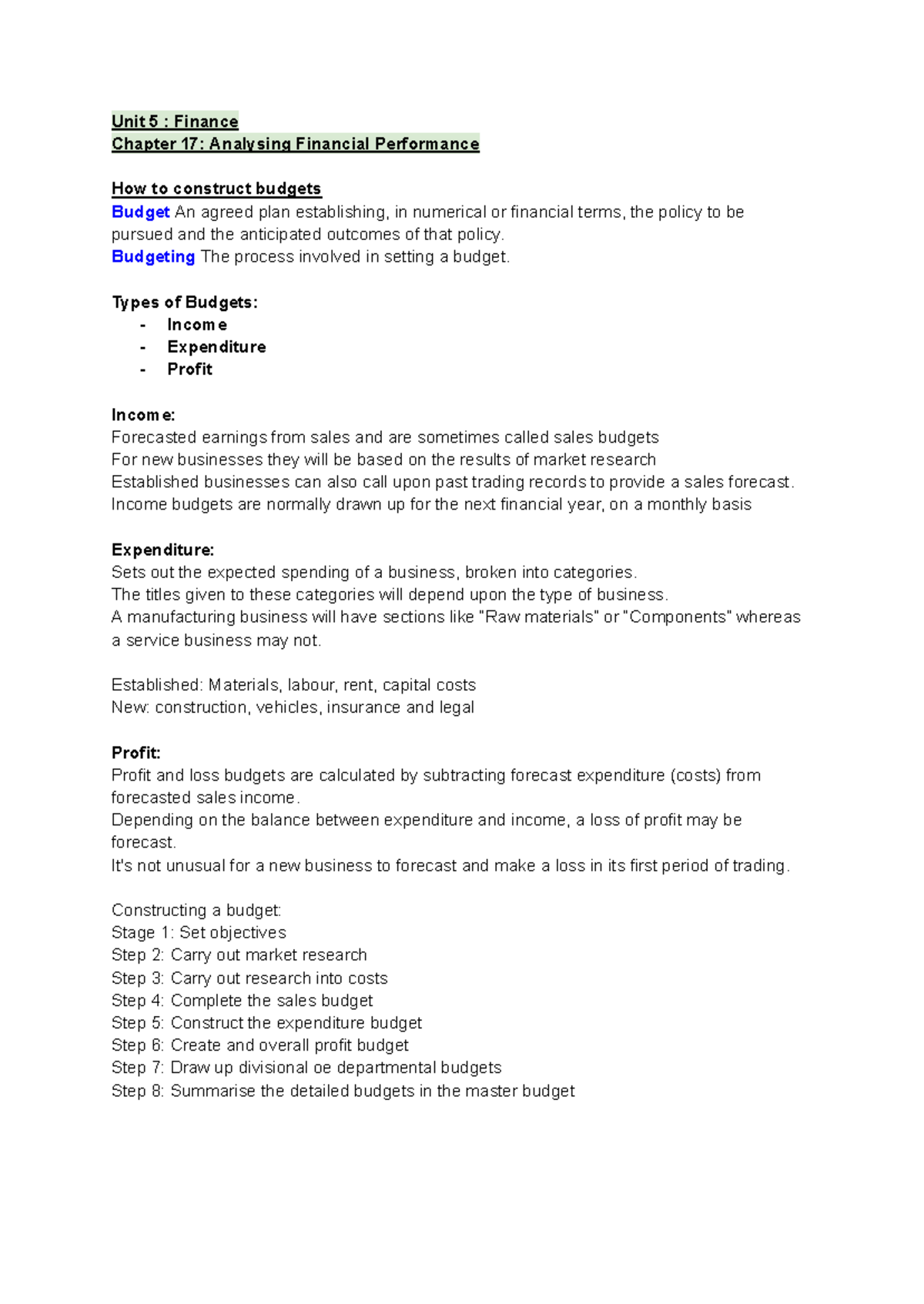 Business Unit 5 Chapter 17 Analysing Financial Performance - Unit 5 ...