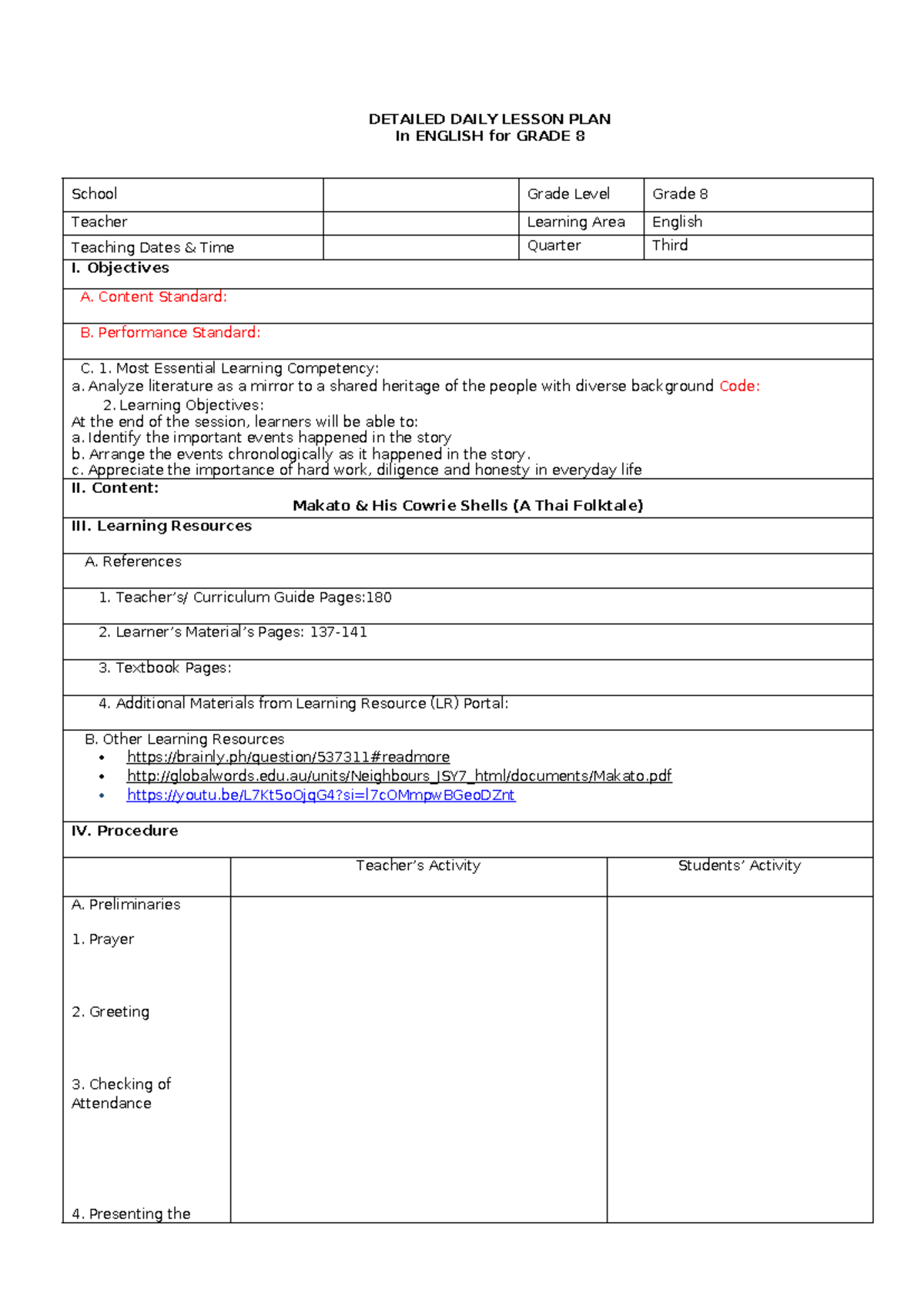 daily lesson log - DETAILED DAILY LESSON PLAN In ENGLISH for GRADE 8 ...
