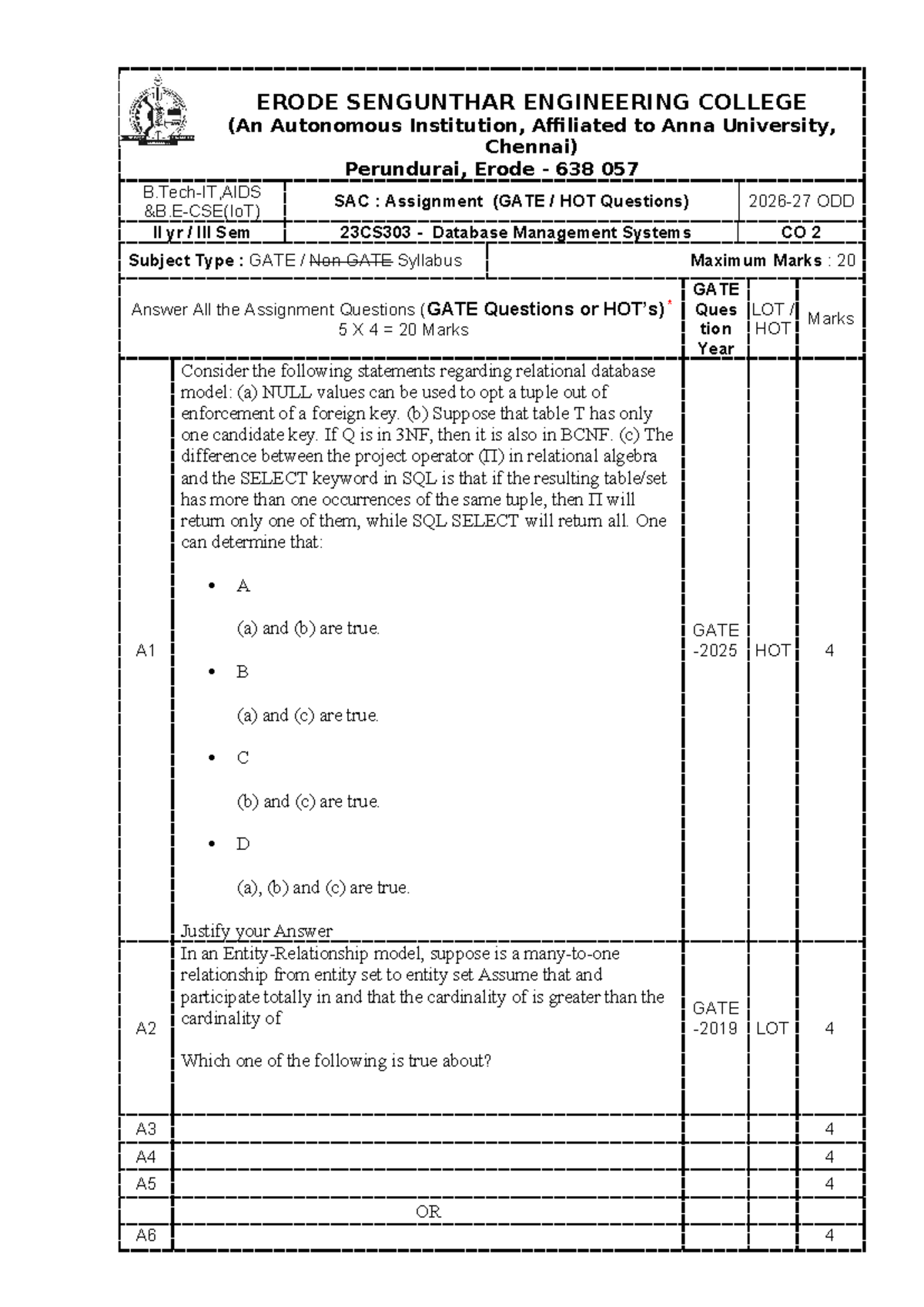 GATE 23CS303 Assignment: HOT Questions on DBMS Concepts - Studocu