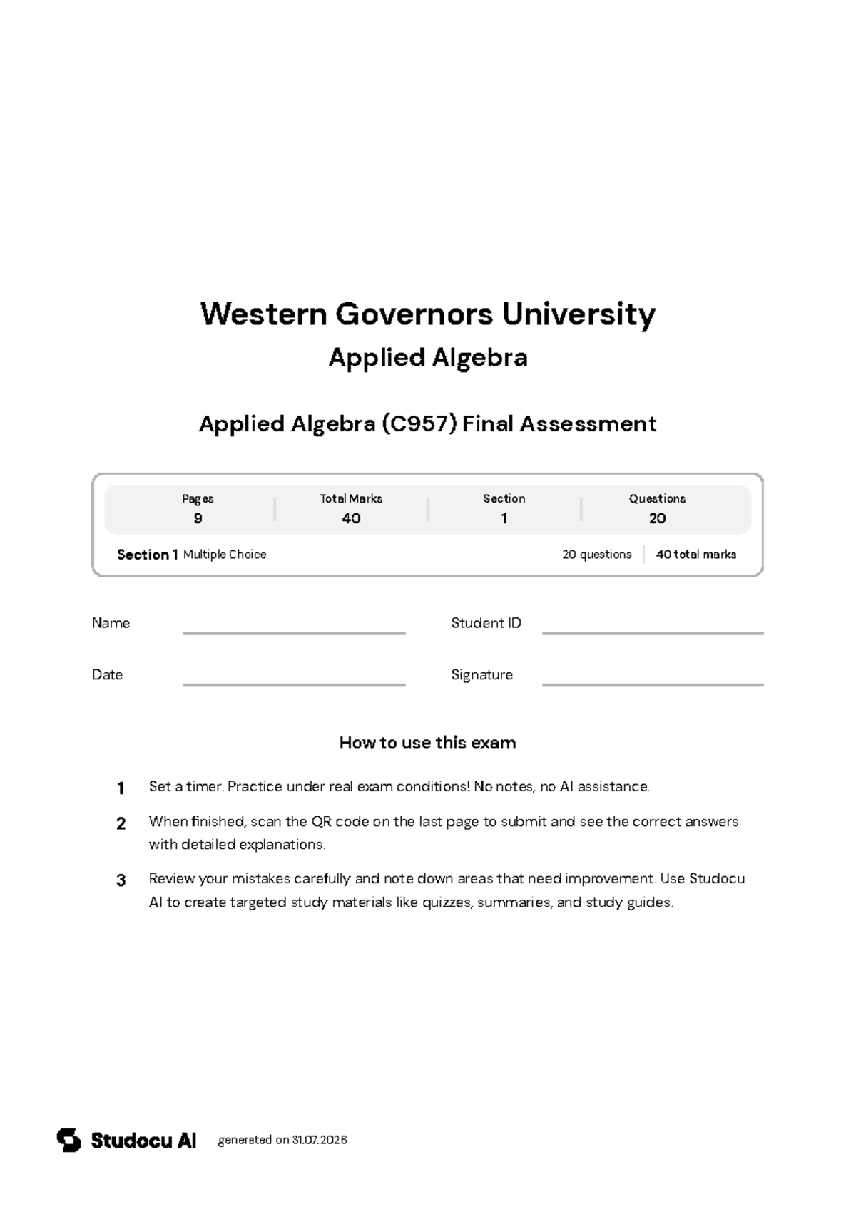 Applied Algebra (C957) Final Assessment - Studocu