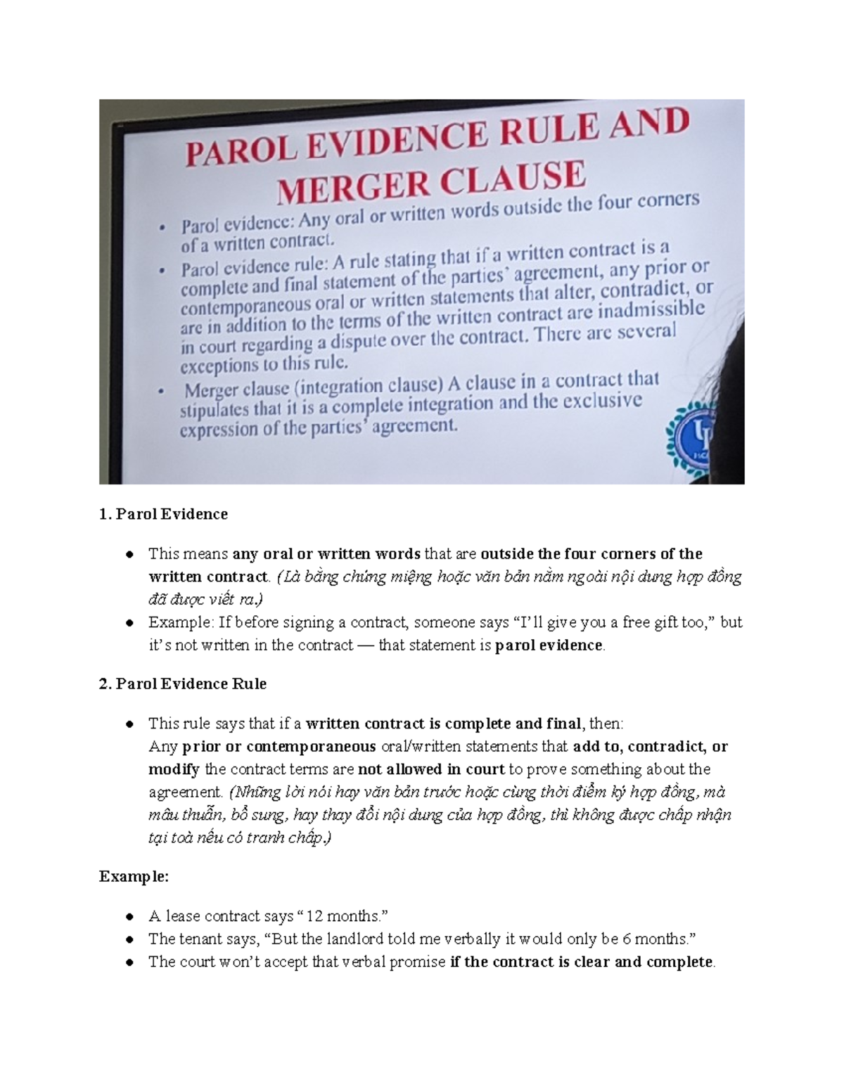 Contract Law - Practice on Parol Evidence and Performance Issues - Studocu
