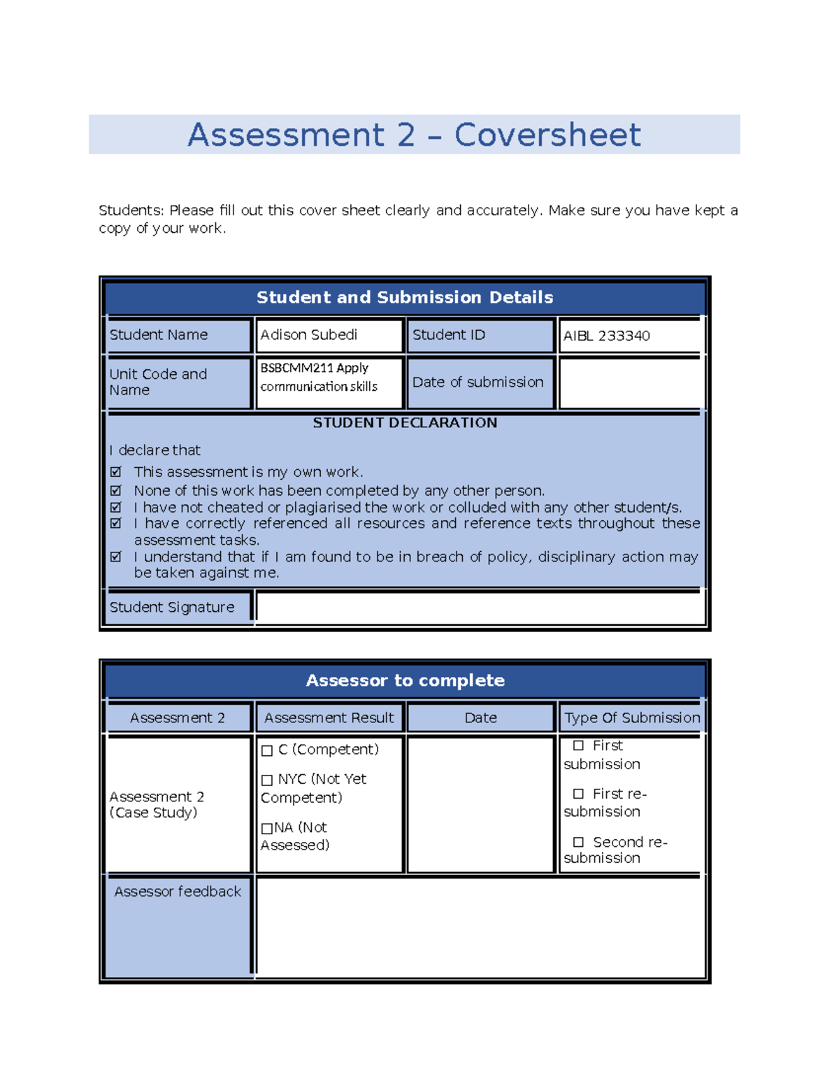 BSBCMM211 Assessment 2 Cover Sheet & Case Study Overview - Studocu