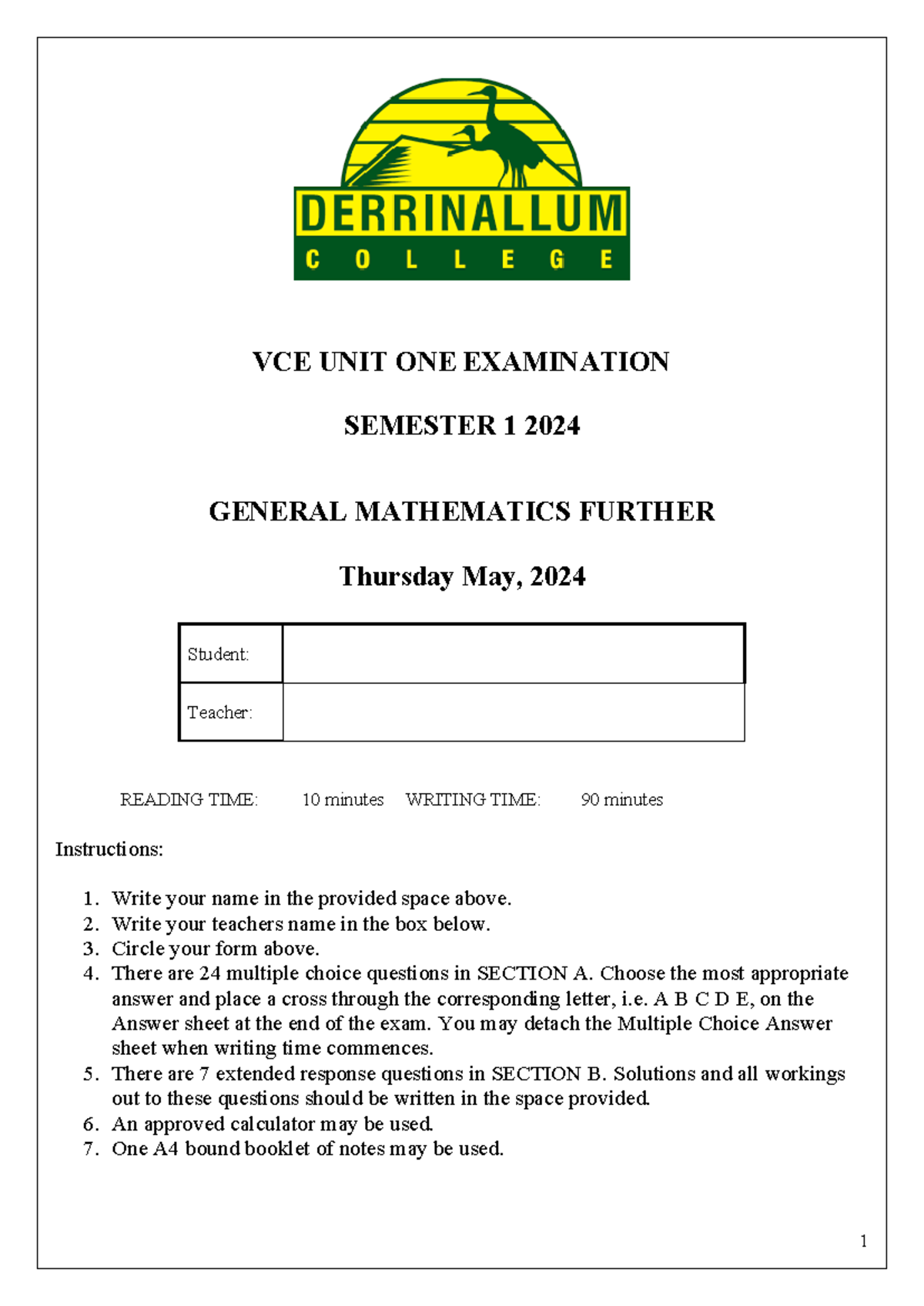 2024 GMF Semester 1 Examination - General Mathematics - Studocu