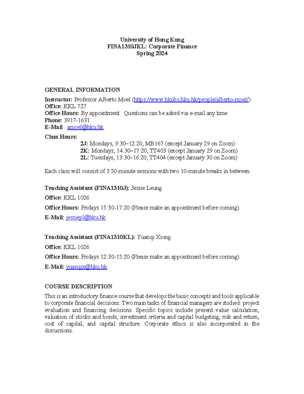 HKU FINA1310JKL: Corporate Finance Course Overview Spring 2024 - Studocu