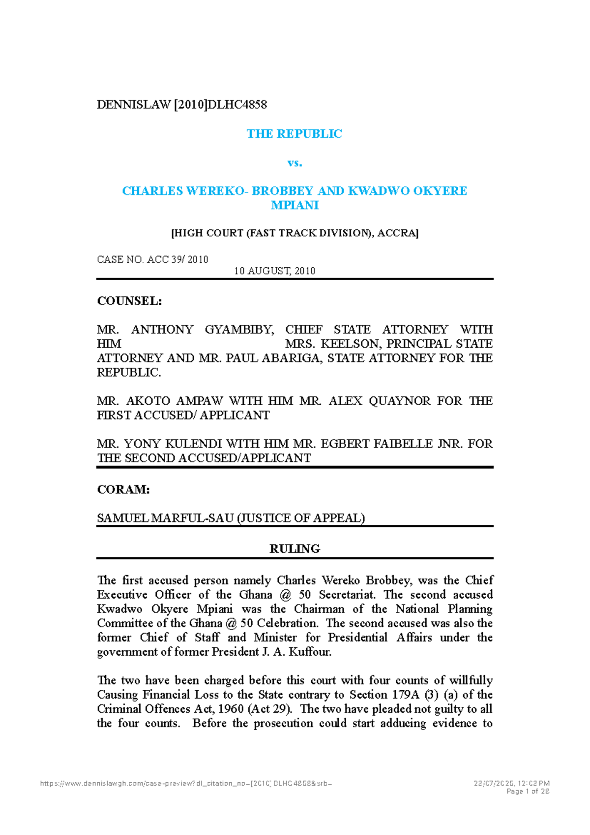 R v Wereko Brobbey & Mpiani: Jurisdiction Challenge in ACC 2010 Case ...