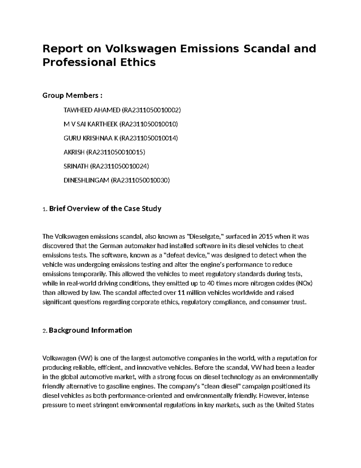 Case Study: VW Emissions Scandal & Ethics Analysis (RA2311050010) - Studocu