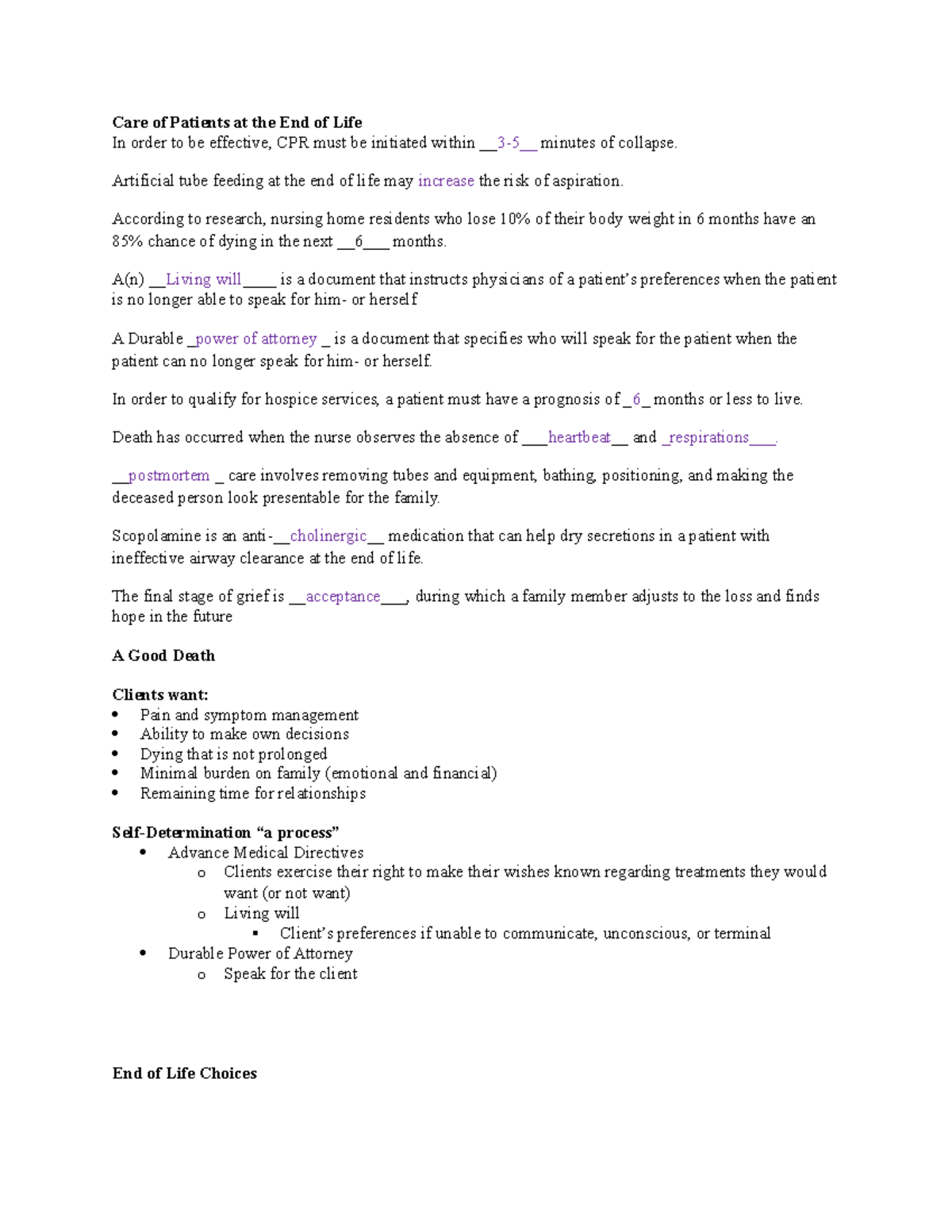 Med Surg Nursing 2022: Chapter 17 Notes on End of Life Care - Studocu