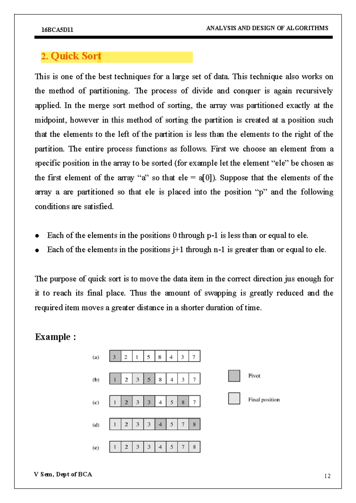 CS101: Quick Sort Algorithm and Analysis for Sorting Techniques - Studocu