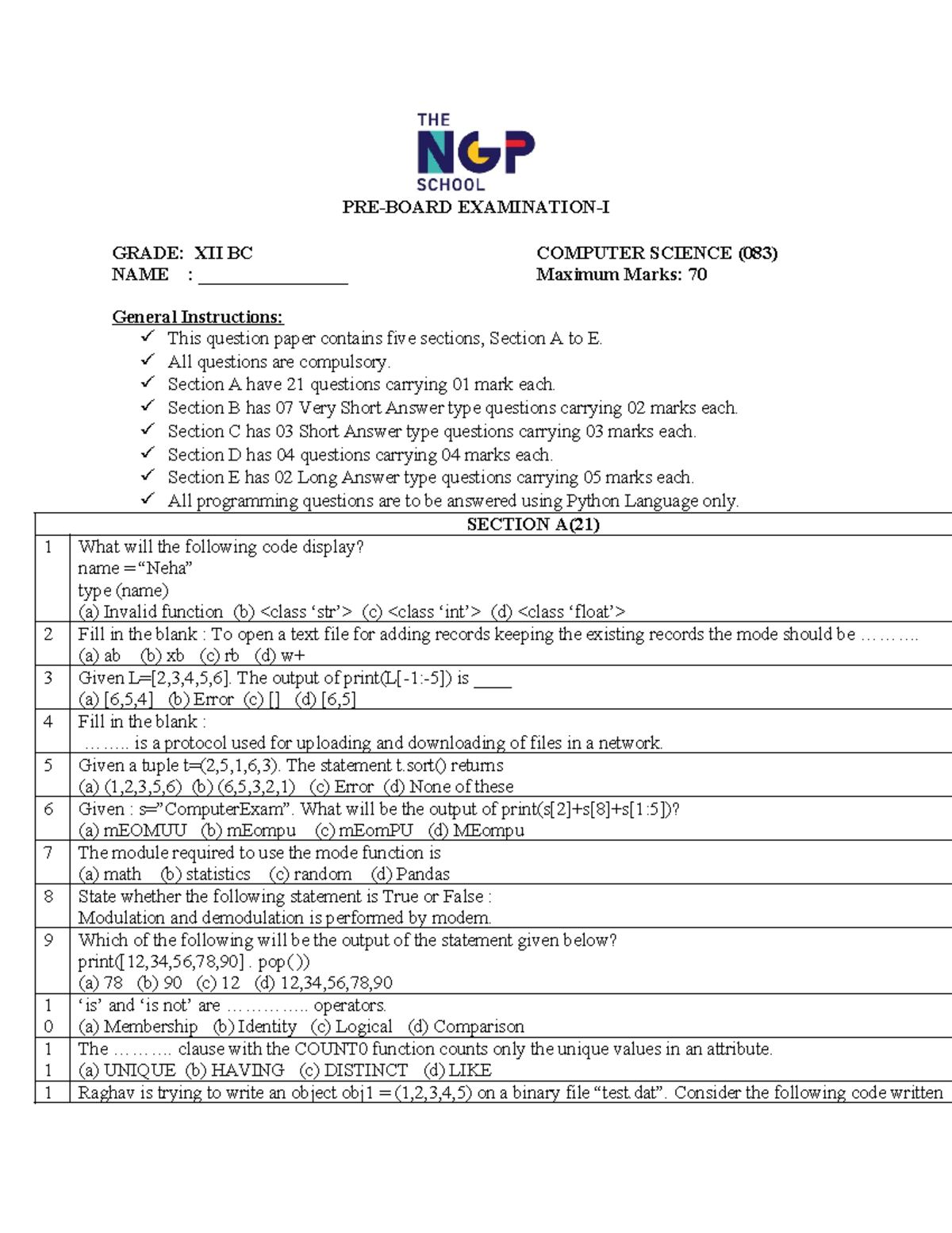 Preboard Exam: Computer Science (083) Grade XII Question Paper - Studocu