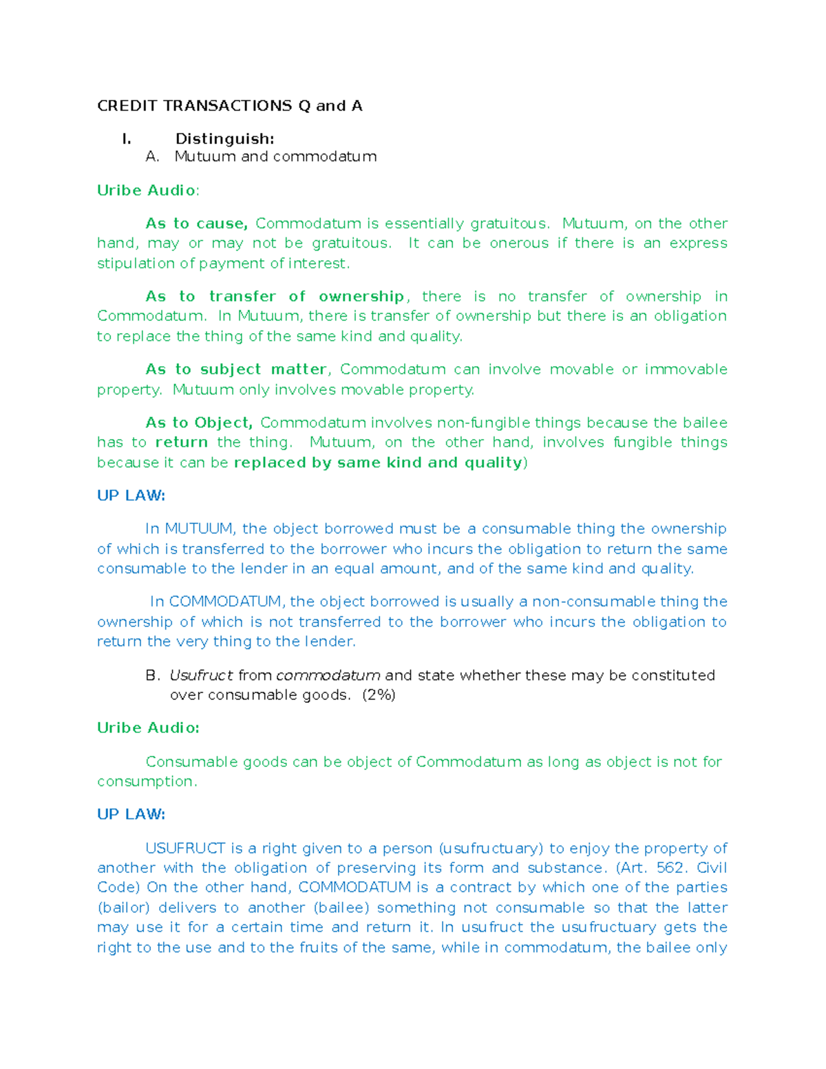 Docx gege is the best - CREDIT TRANSACTIONS Q and A I. Distinguish: A ...