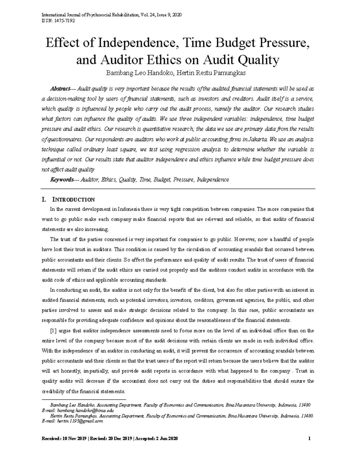 Effect of Independence, Time Budget Pressure, and Ethics on Audit ...