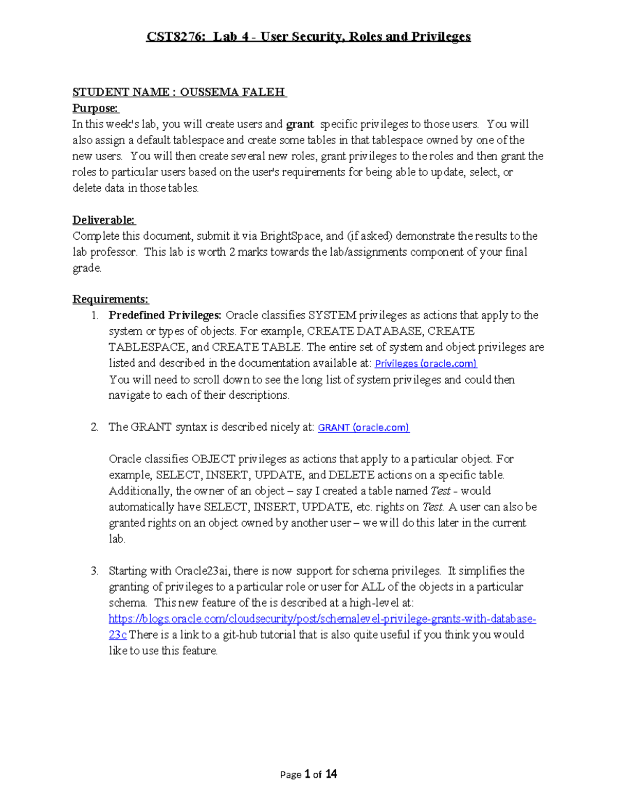 CST8276: Lab 4 - User Security, Roles & Privileges Overview - Studocu