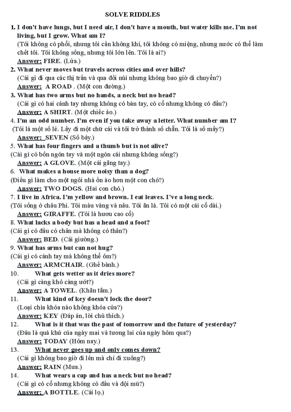 Riddles Solutions and Answers - ENG 101 - Studocu