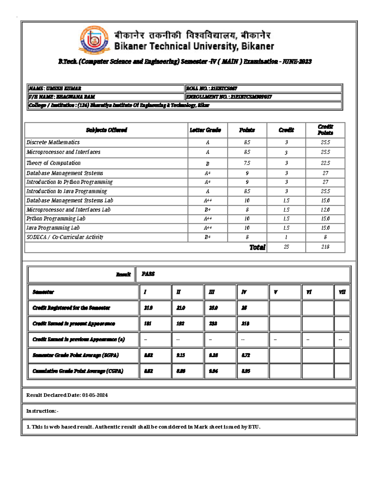 B.Tech CSE Sem-IV Exam Result Notes - June (21E1BTCSM30P) - Studocu