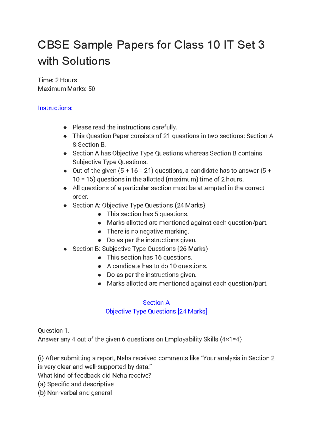 CBSE Class 10 IT Sample Paper Set 3 with Solutions and Instructions ...