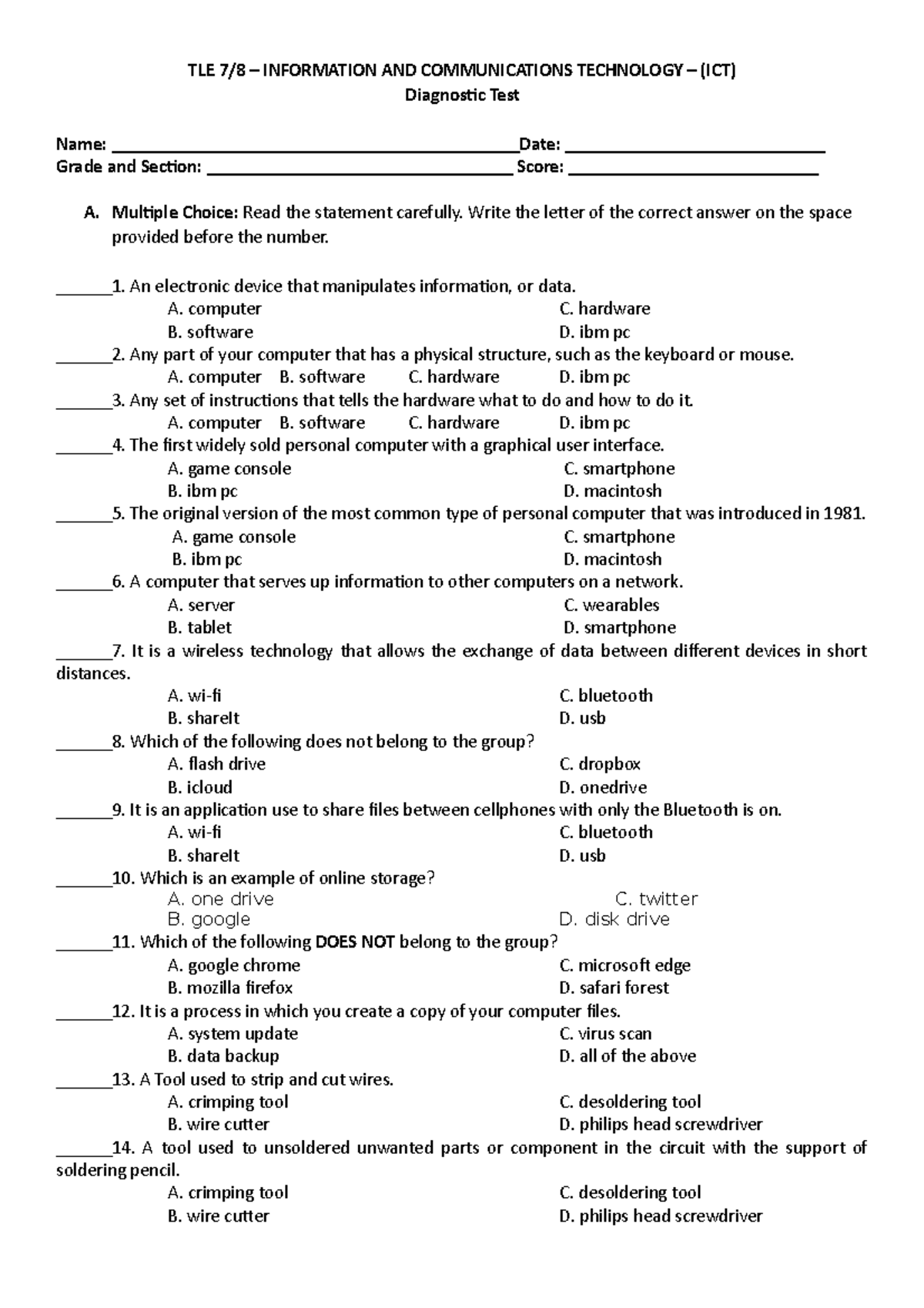 TLE 7/8: ICT Exploratory Diagnostic Test - Siaton 2 (SY 2022-2023 ...