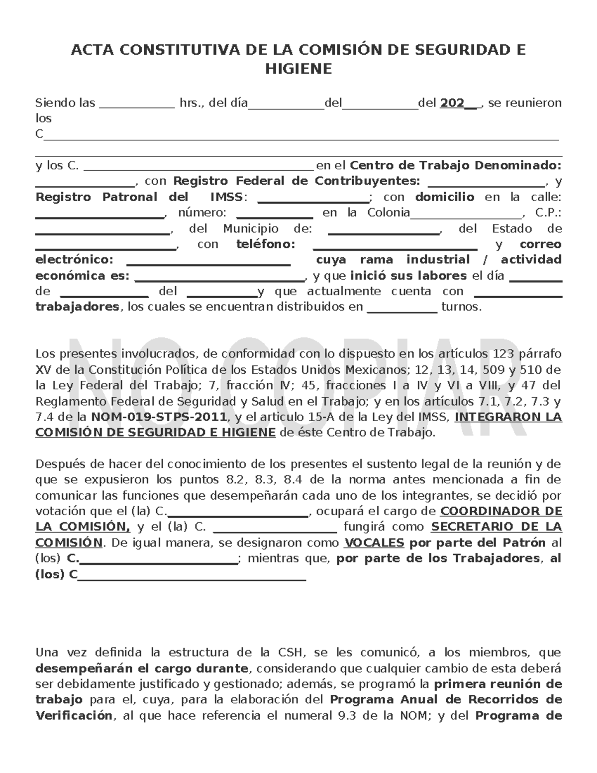 Acta Constitutiva de la Comisión de Seguridad e Higiene CSH - Studocu
