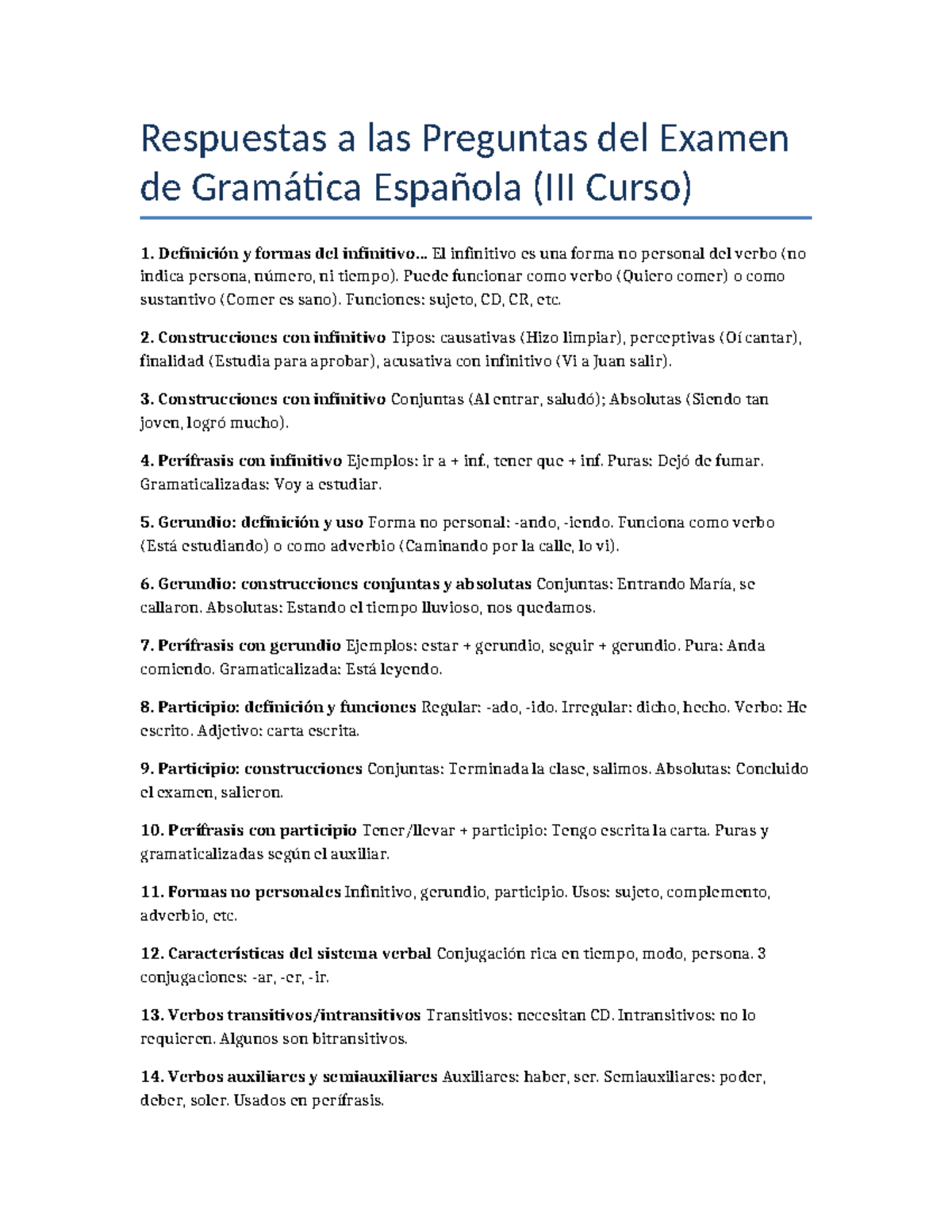 Respuestas al Examen de Gramática Española - Curso 1 - Studocu