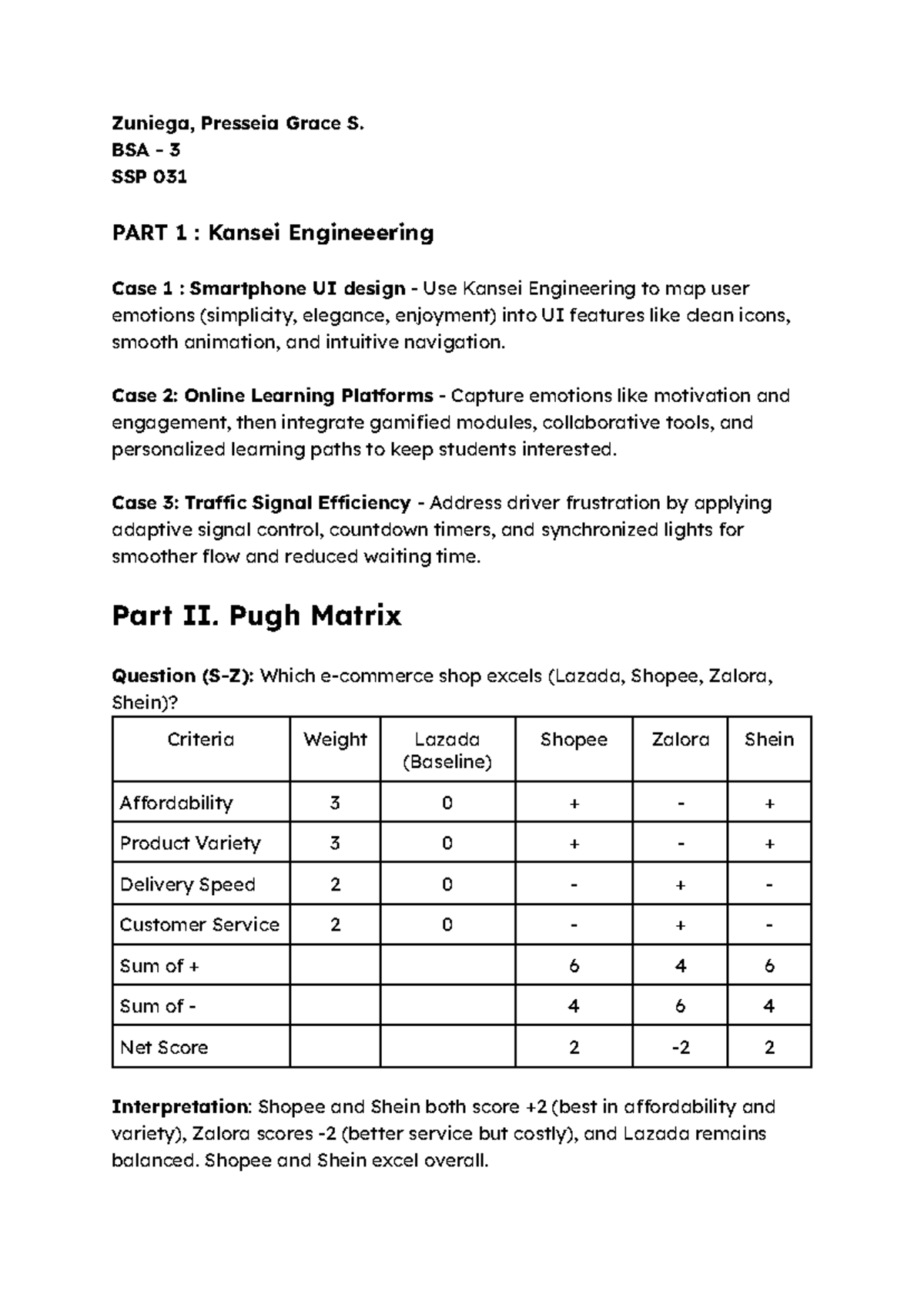 BSA 3 SSP 031: Kansei Engineering & Pugh Matrix Analysis - Studocu