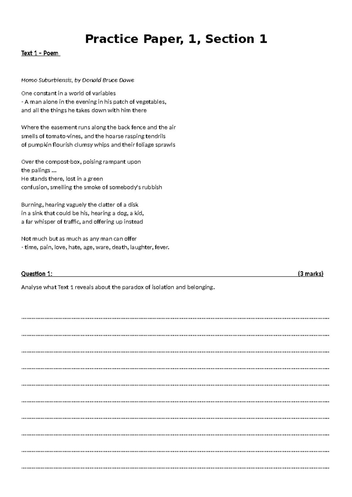 Practice Paper: Short Answer Analysis of Poetic Texts (ENG101) - Studocu