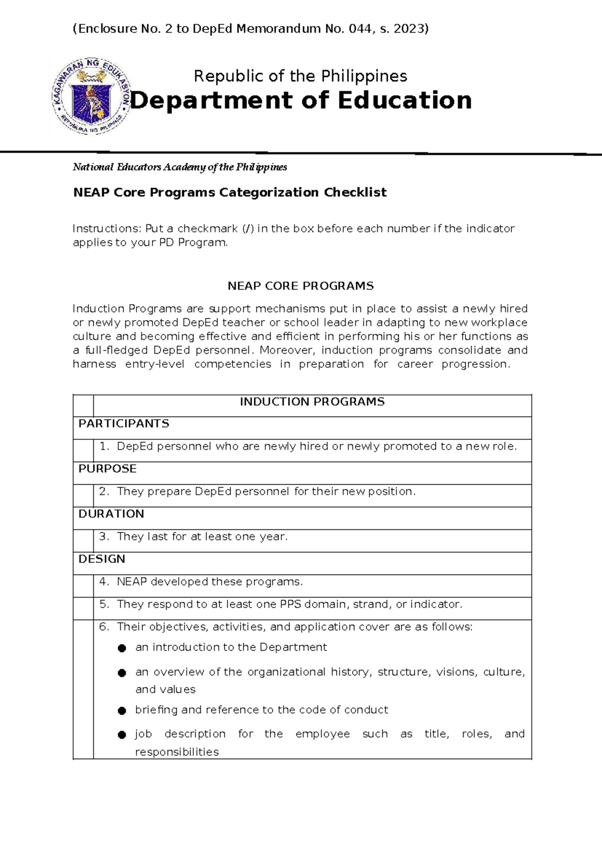NEAP Core Programs Categorization Checklist (Enclosure No. 2) - Studocu