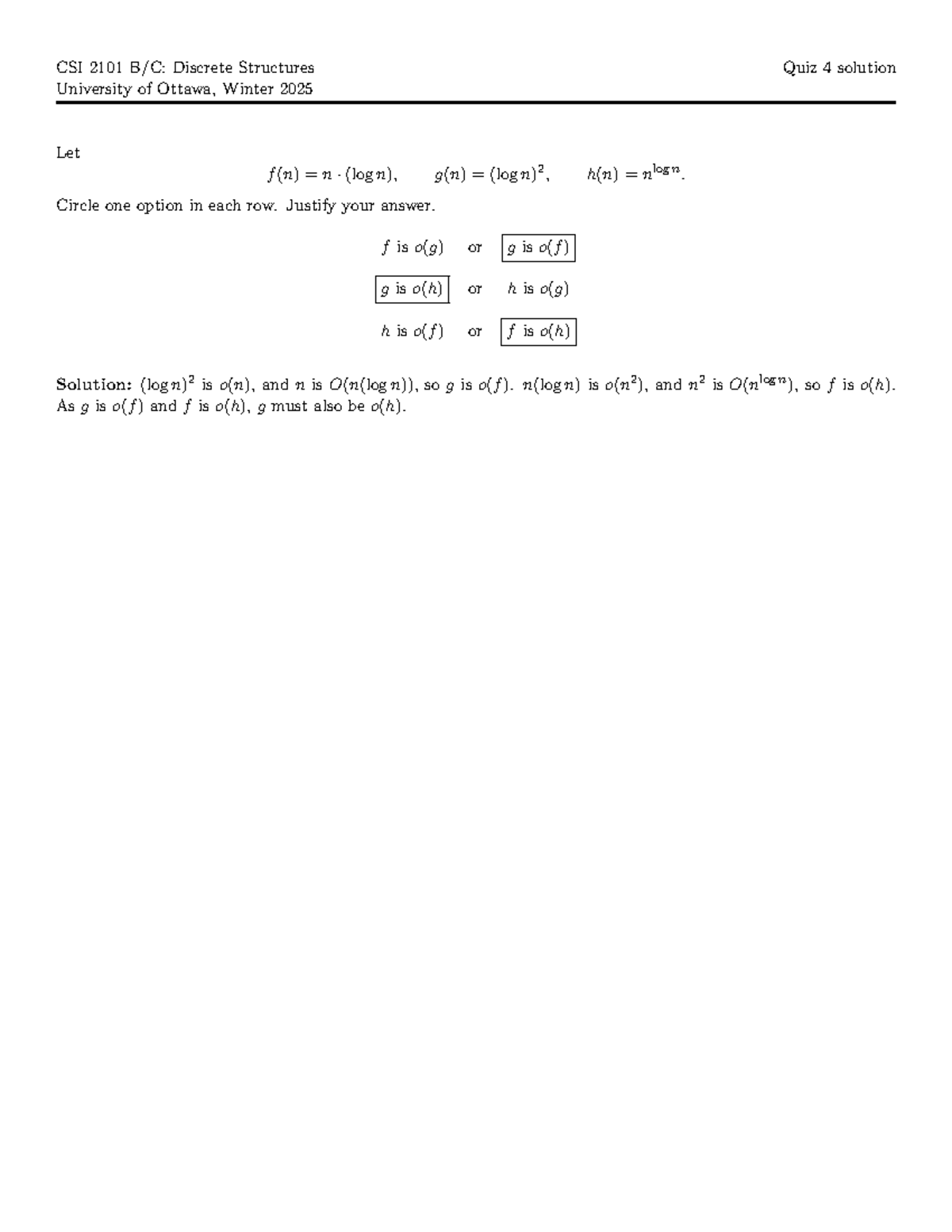 CSI 2101 Discrete Structures - Winter 2025 Quiz 4 Solutions - Studocu