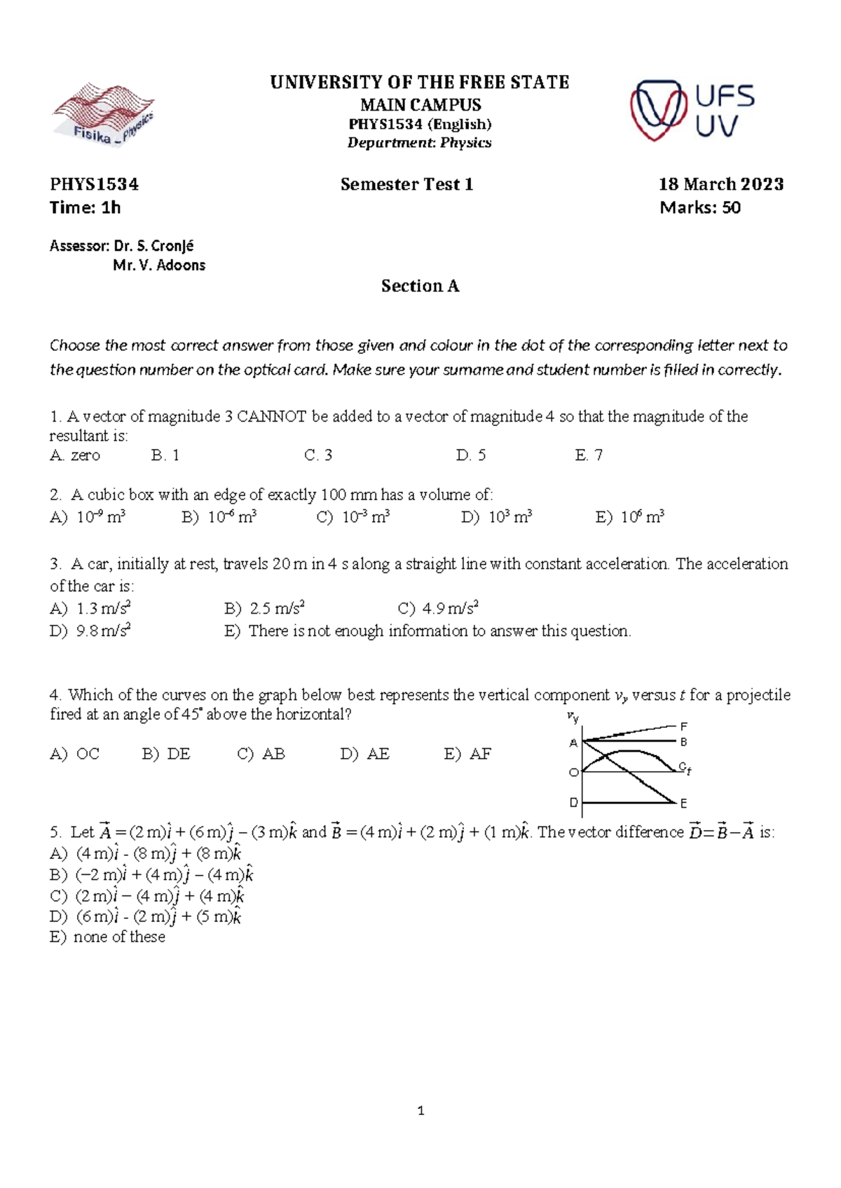 2023 PHYS1534 Semester Test 1 - Physics Exam Questions - Studocu