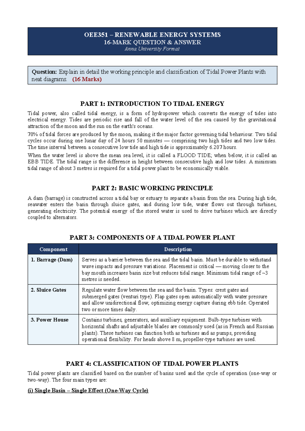 OEE351 Tidal Energy Systems: Working Principles & Classifications - Studocu