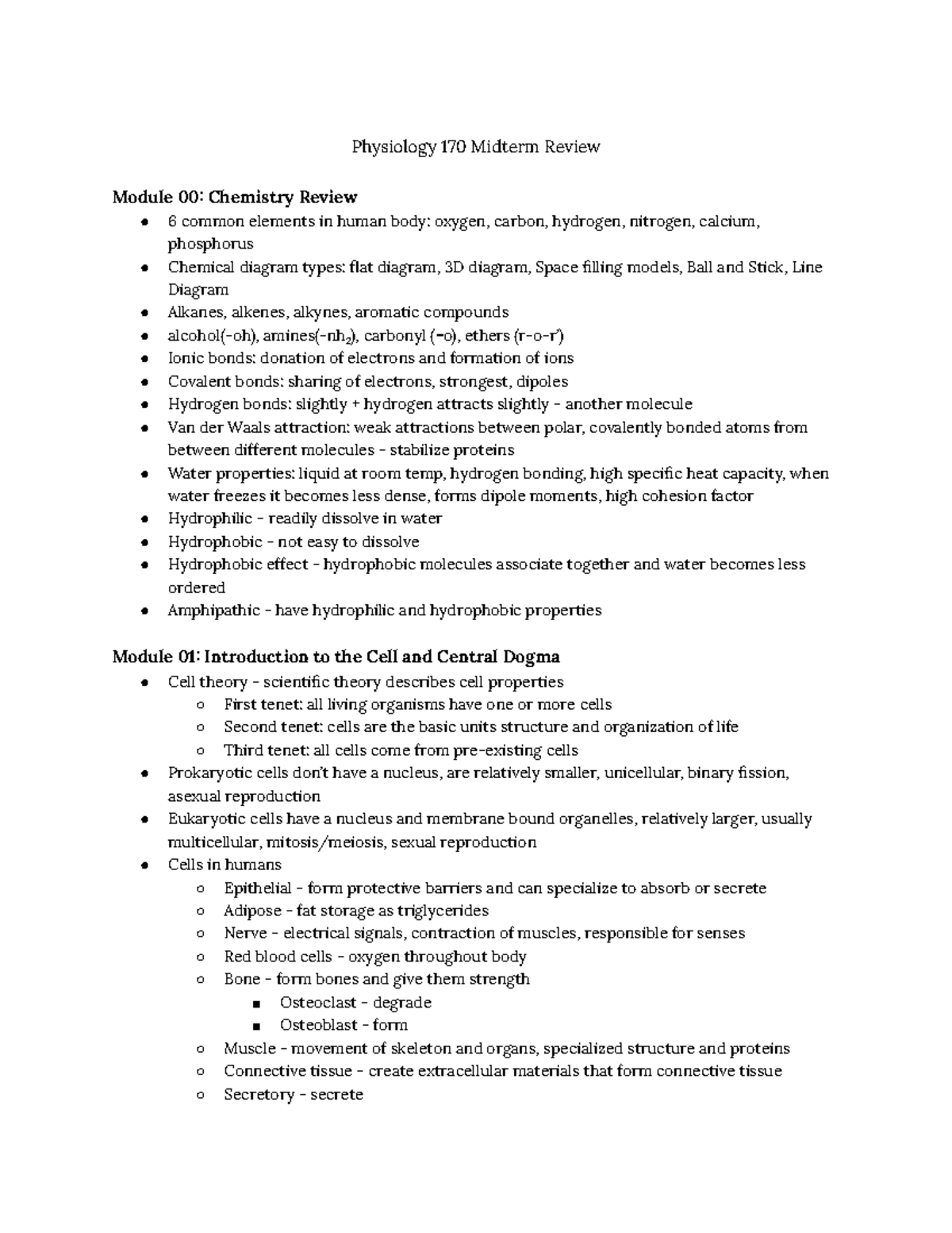 Physiology 170 Midterm Exam Review: Modules 1 to 3 Summary Notes - Studocu