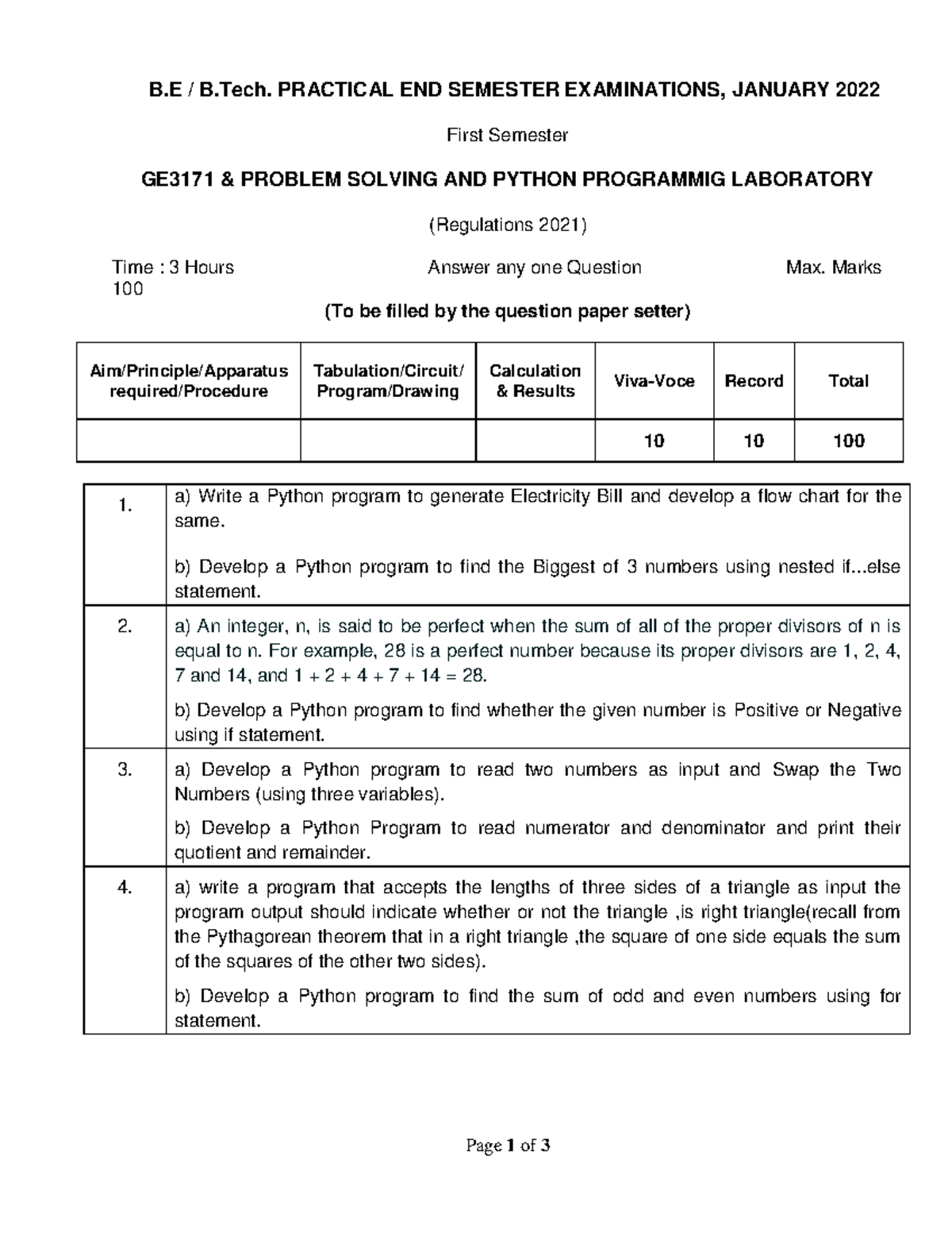 B.E B.Tech. GE3171 Problem Solving & Python Lab Final Exam Jan 2022 ...