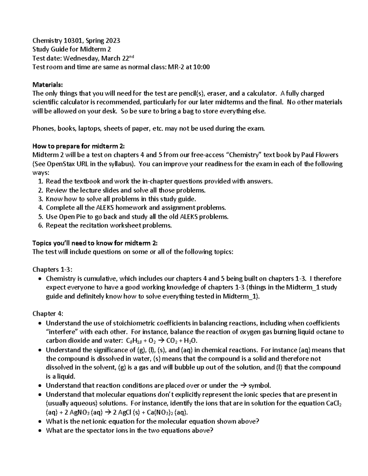 Chemistry 10301 Midterm 2 Study Guide - Spring 2023 - Studocu