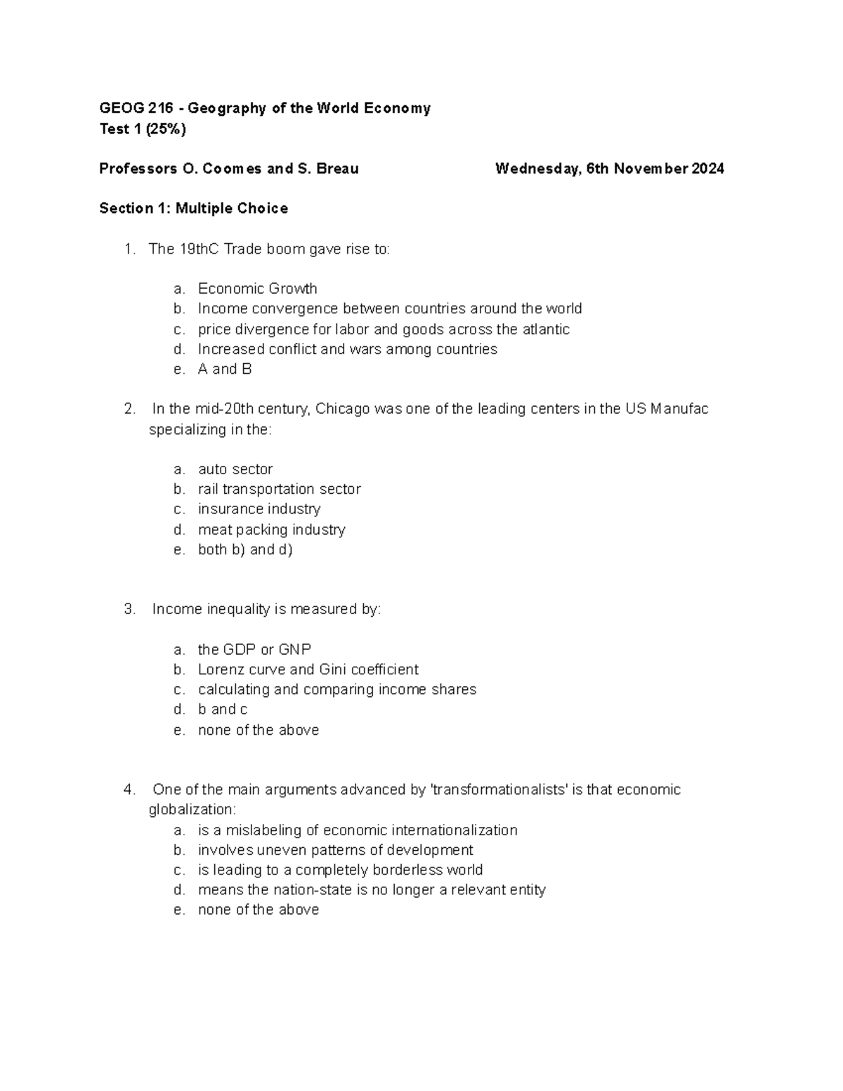 GEOG216 Midterm Exam #1 Review: Geography of the World Economy - Studocu