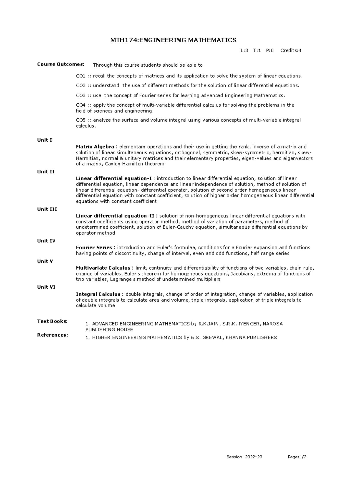 MTH174: Engineering Mathematics Course Overview and Key Concepts - Studocu