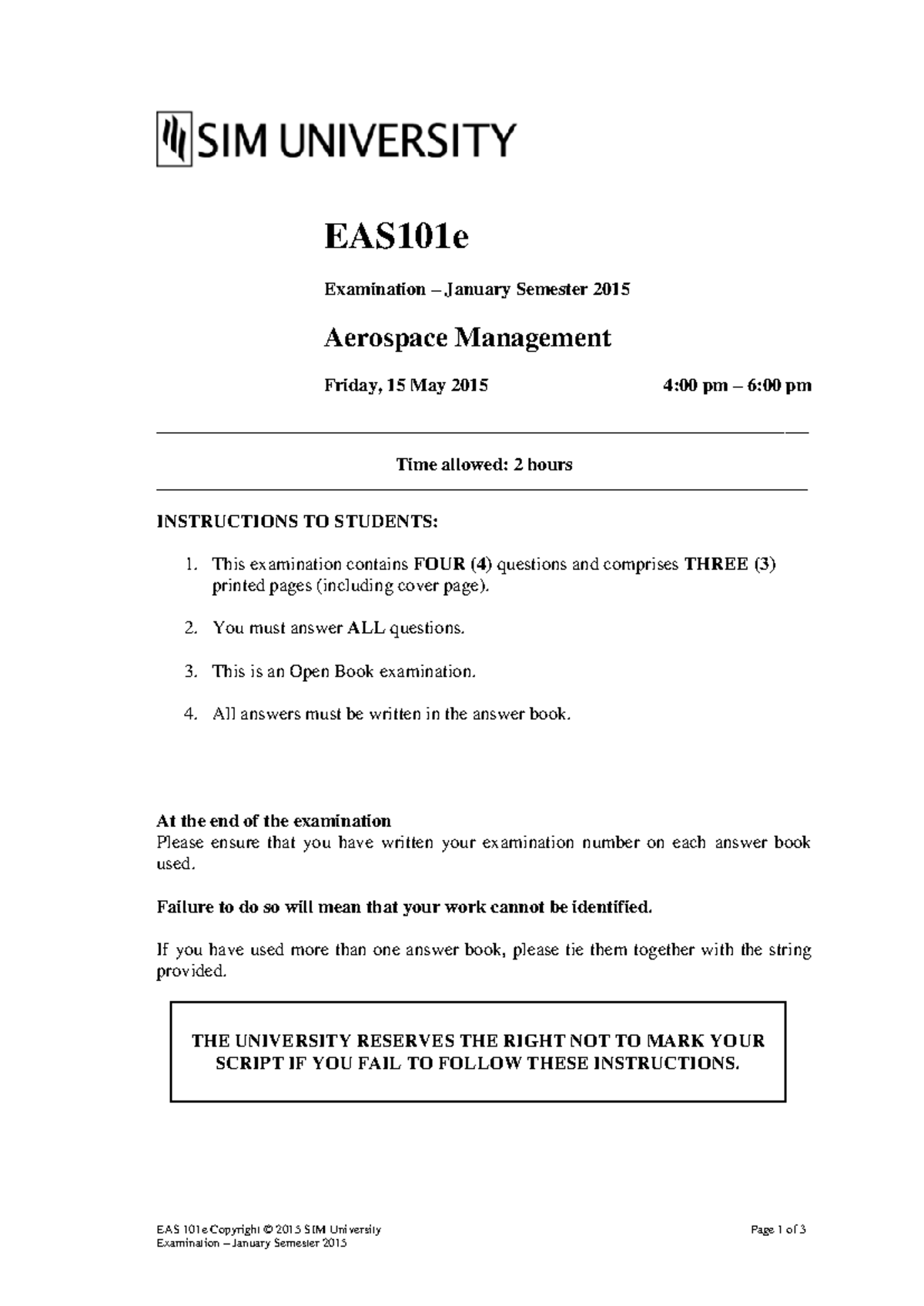 EAS101e January 2015 Exam: Aerospace Management Questions ...
