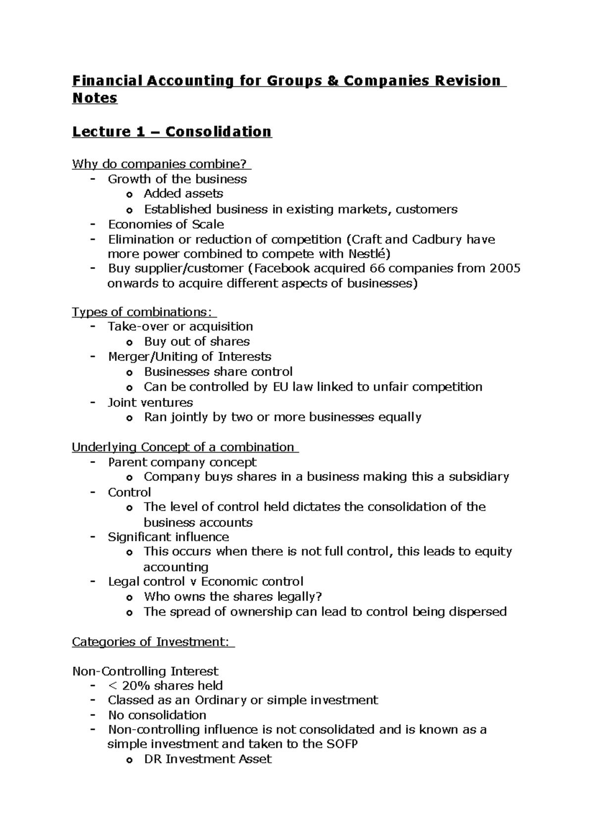 FAGC Revision Notes - Financial Accounting for Groups & Companies - Studocu